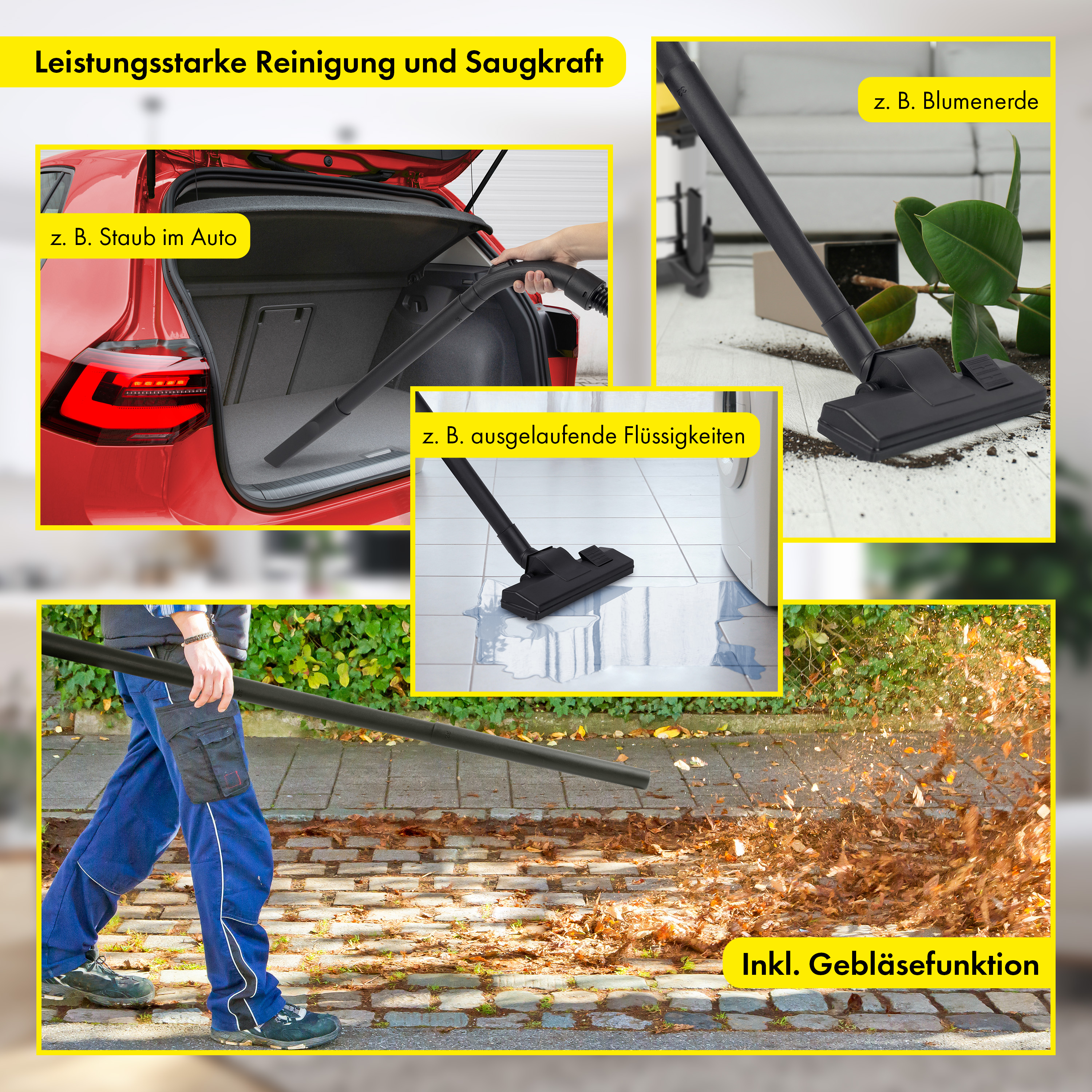 Eine Person reinigt mit einem Staubsauger verschiedene Oberflächen.
