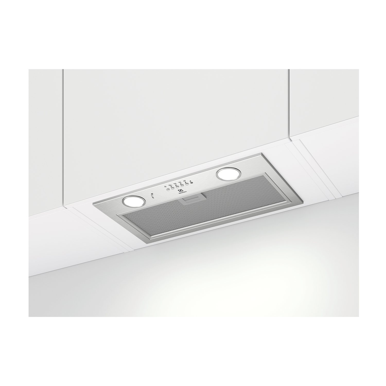 Cappa da cucina con due luci e un filtro a rete, montata su un soffitto bianco.