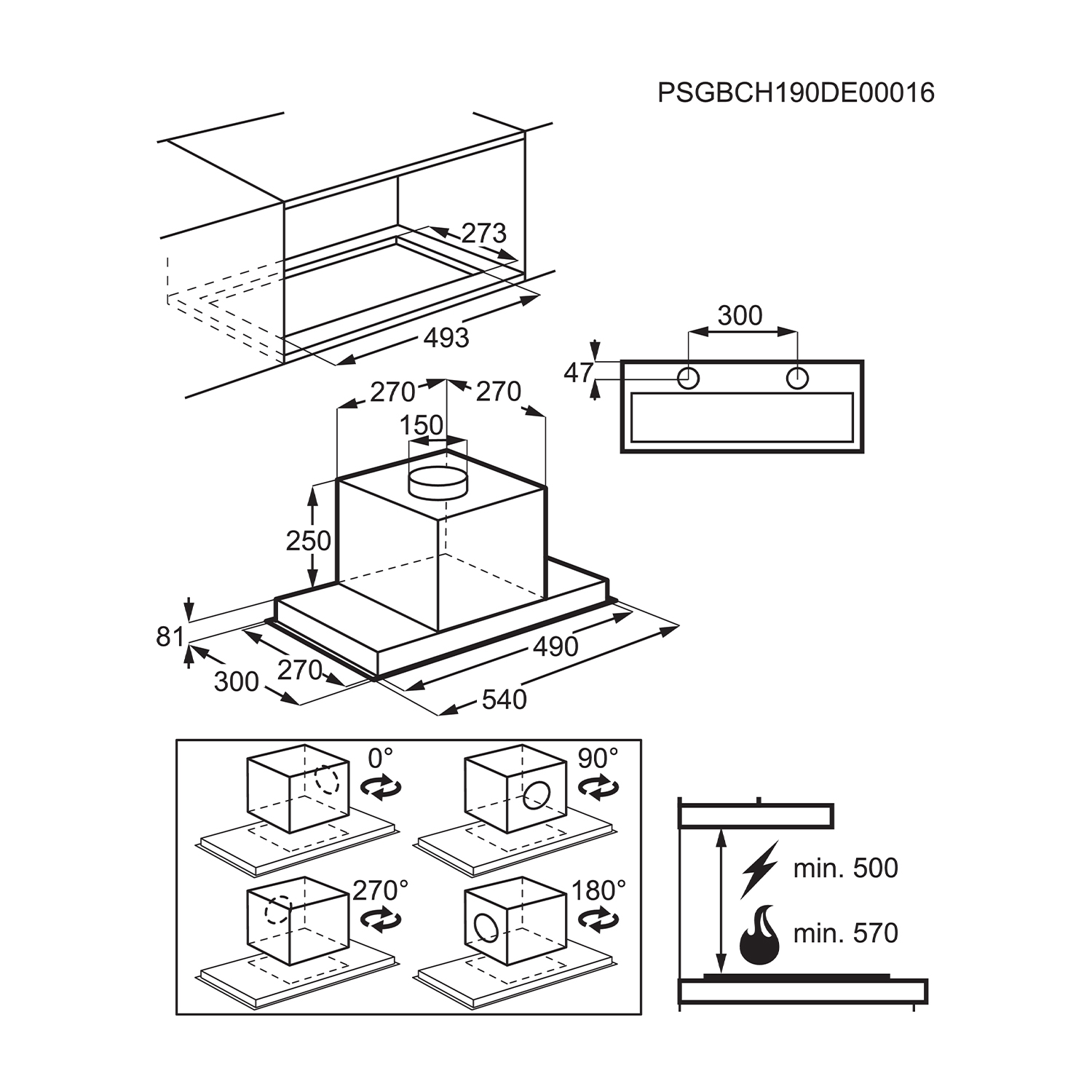 Disegno tecnico di una cappa con dimensioni e diagrammi dei suoi componenti e dell'installazione.