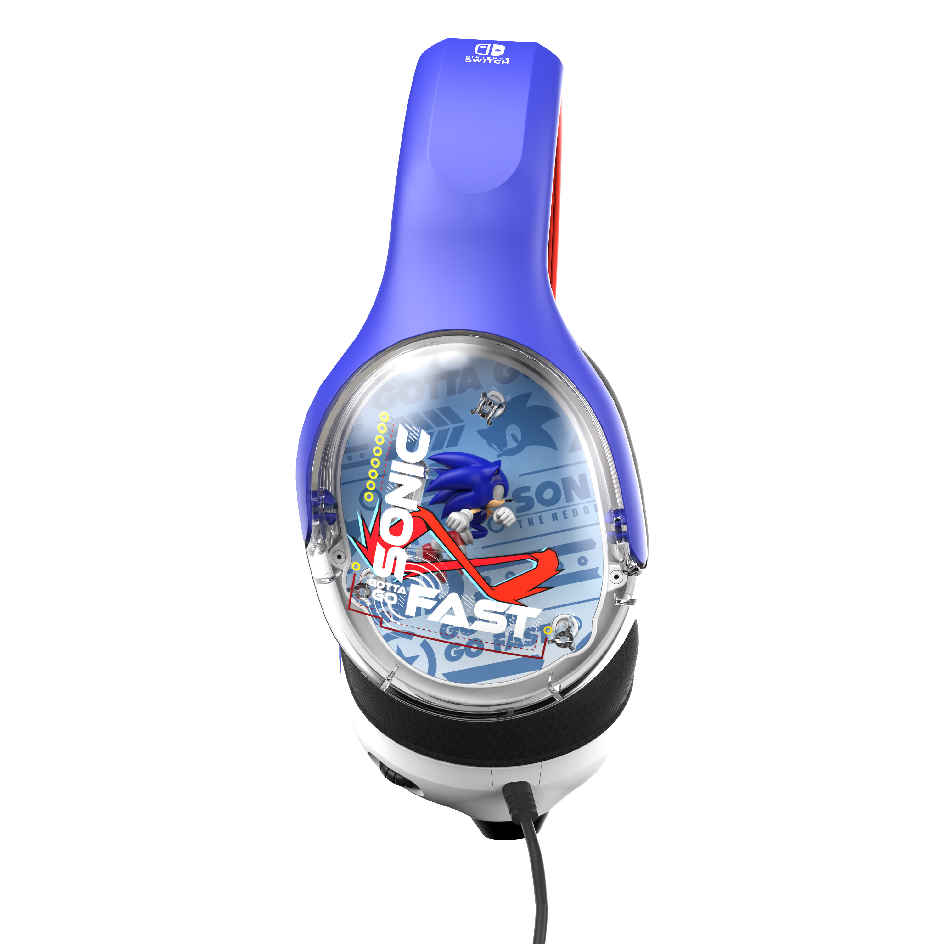 Niebieskie, białe i czerwone słuchawki Sonic. Obraz Sonic the Hedgehog na nauszniku.
