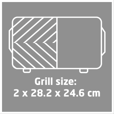 Diagramm der Grillgröße. Es zeigt die Größe des Grills und der Text lautet: Grillgröße: 2 x 28,2 x 24,6 cm.