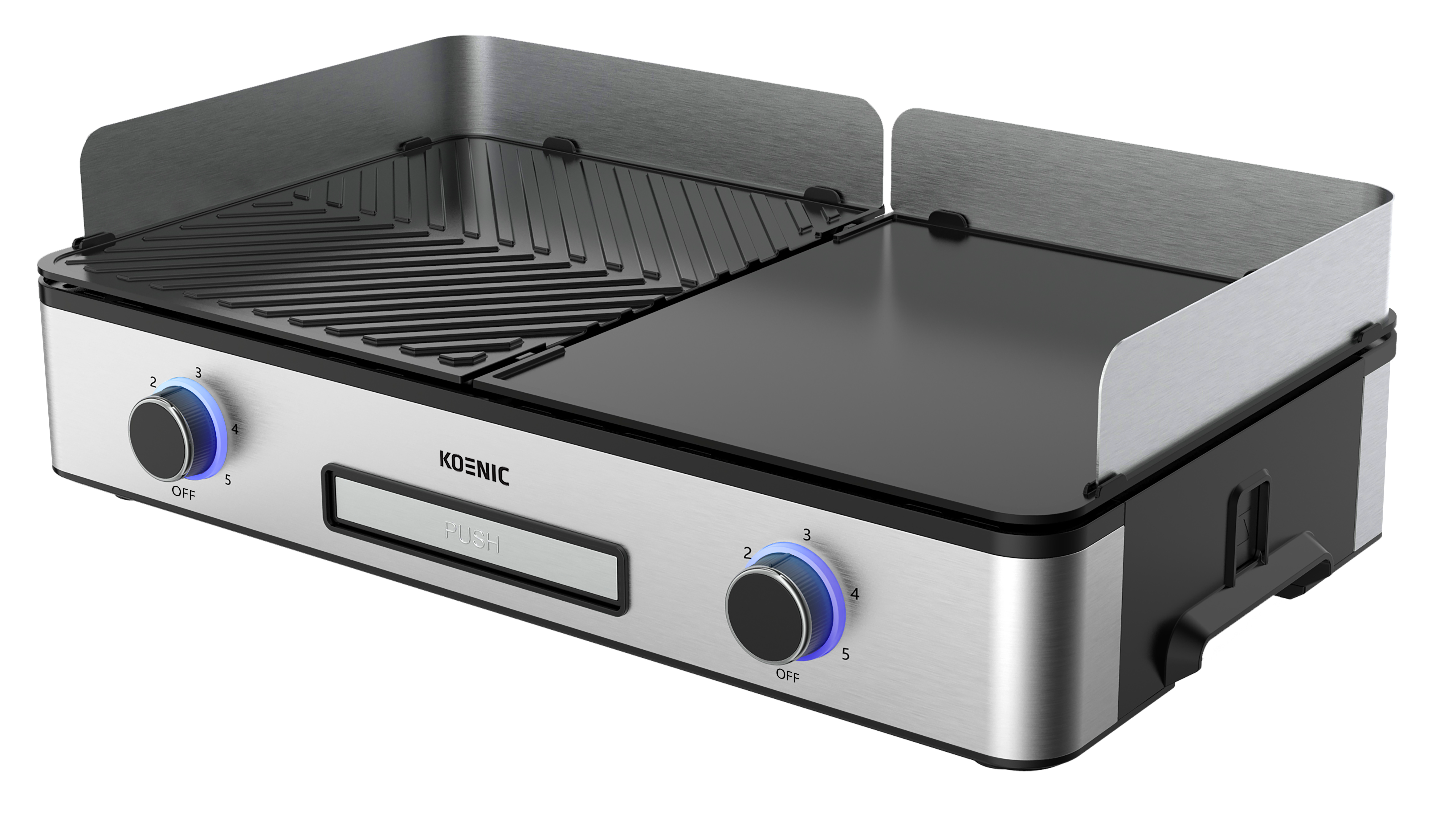 Koenic Grill mit Grillplatte und Grillrost. Silber und Schwarz. Bedienelemente für die Temperatur. Flache Oberfläche.