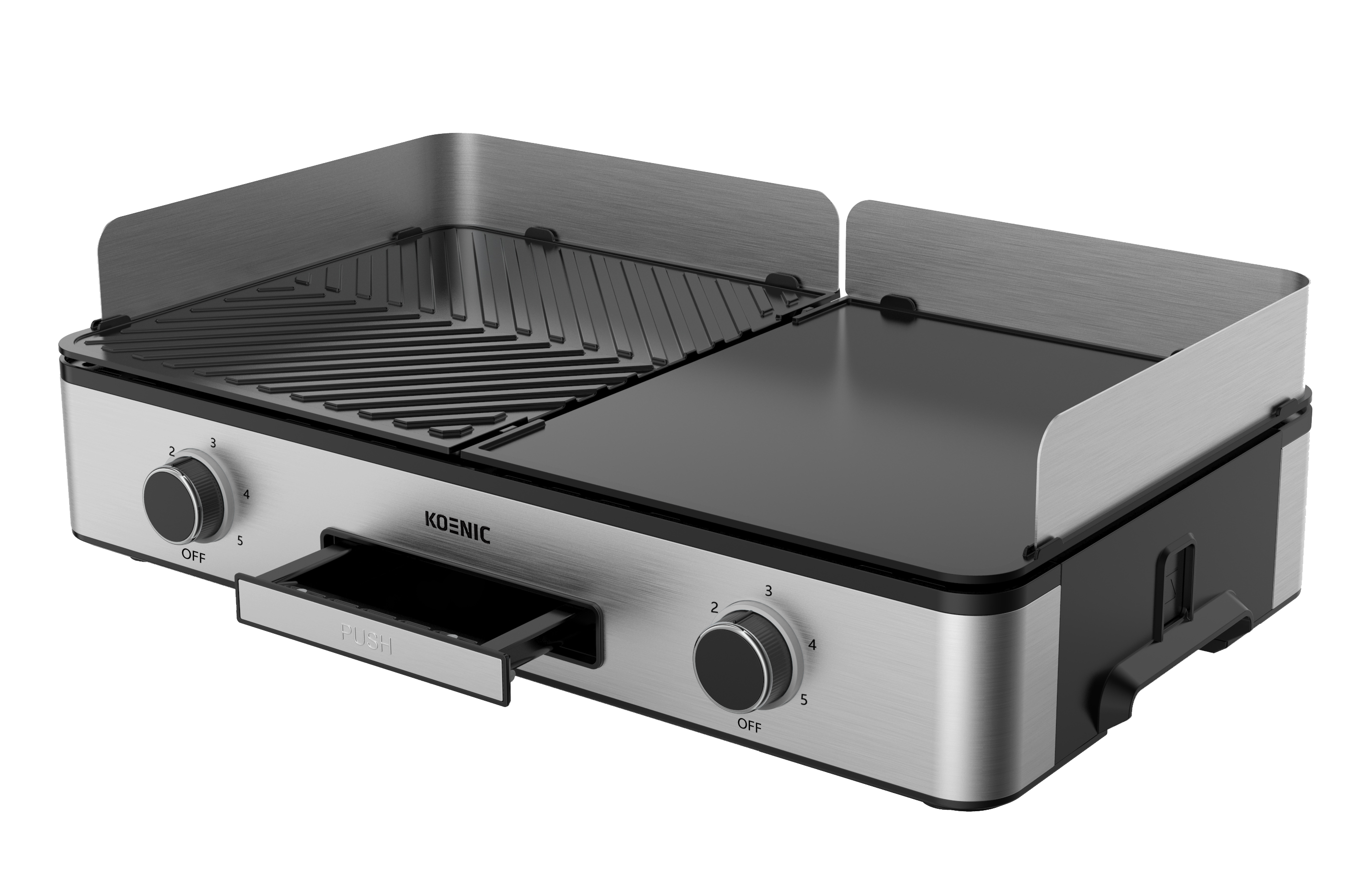 Ein elektrischer Koenic-Grill mit Grill- und Grillfläche, Bedienelementen und einem herausziehbaren Fach.
