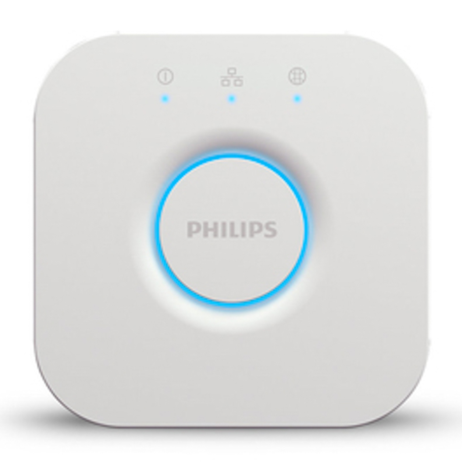 Un bridge Philips Hue bianco con tre spie e un anello blu.
