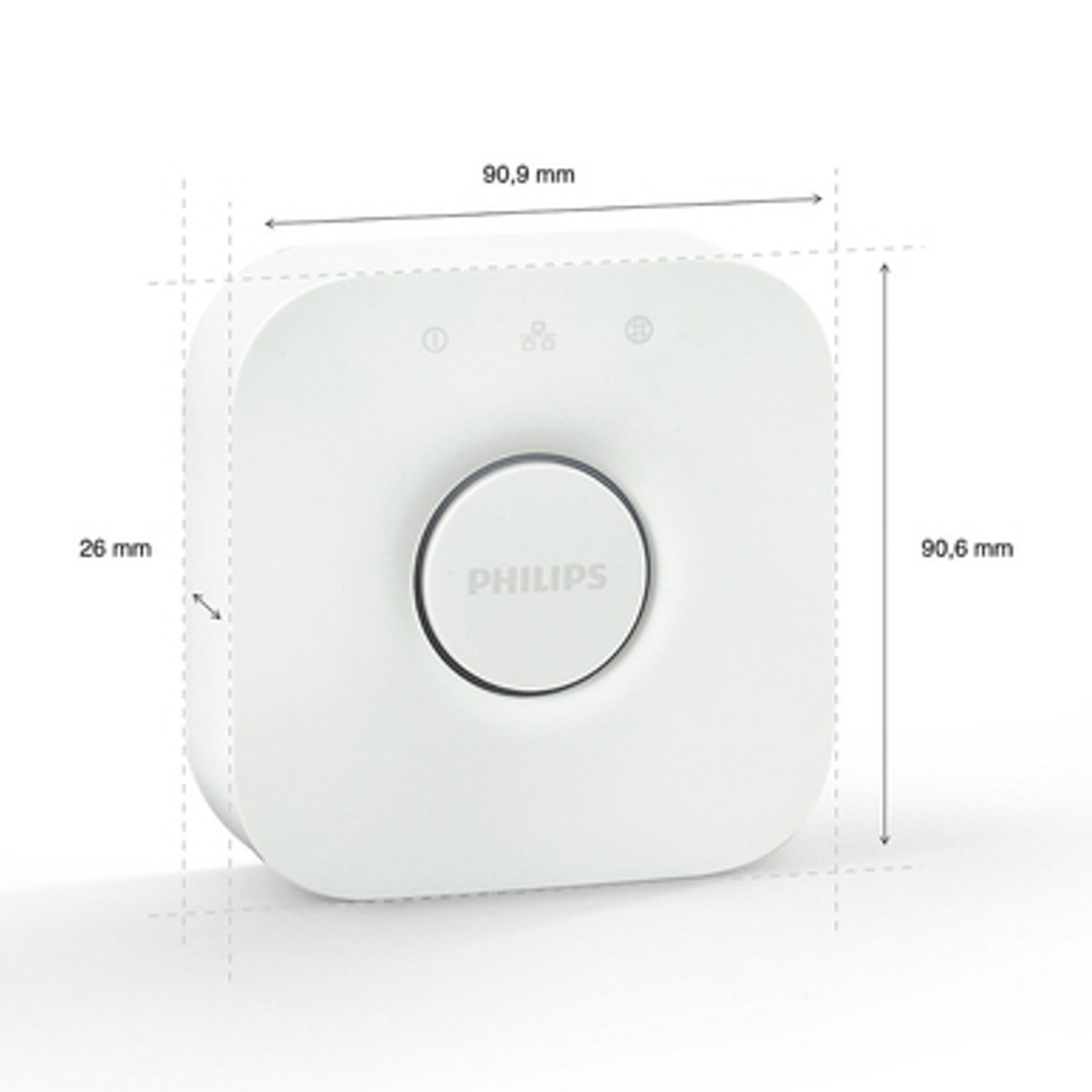 Bridge intelligente Philips bianco con dimensioni. Pulsante centrale e spie luminose.