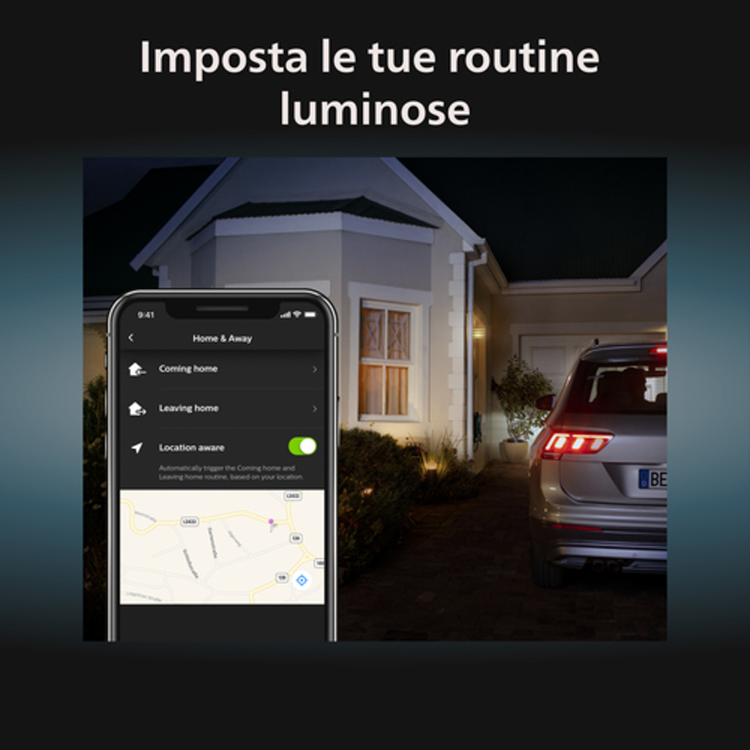 Smartphone che mostra l'interfaccia dell'app per la casa intelligente, casa e auto di notte.