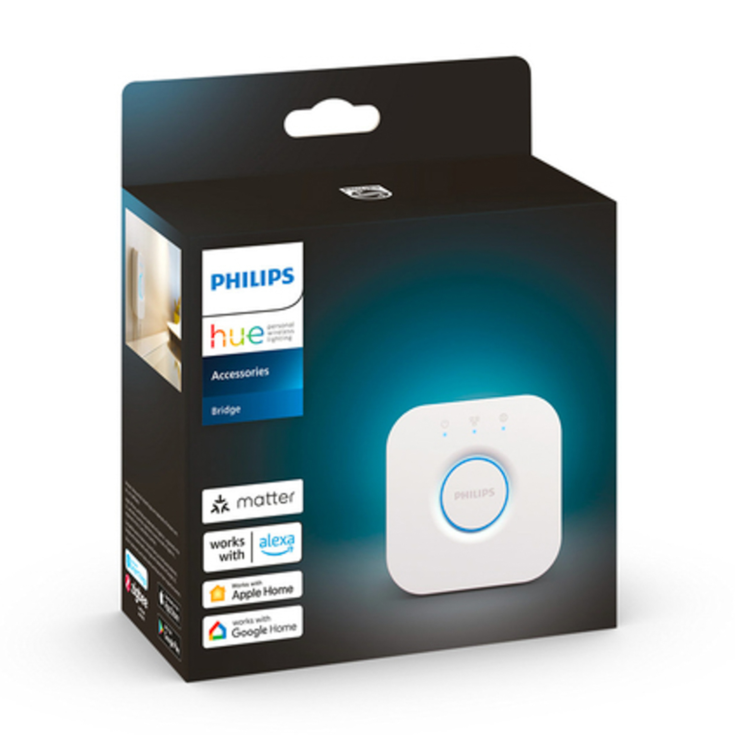 Scatola accessori Philips Hue, dispositivo bridge bianco.