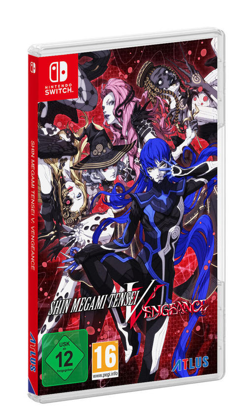 Shin Megami Tensei V: Vengeance Spielhülle. Enthält Charaktere auf rotem Hintergrund.