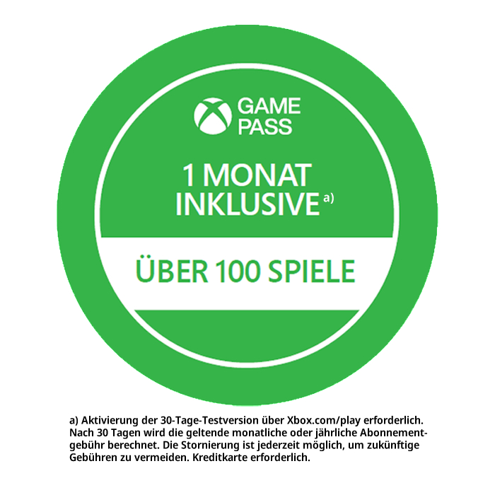 Grüner Kreis mit weißem Text: Xbox Game Pass, 1 Monat Inklusive und Über 100 Spiele. Weißer Hintergrund.