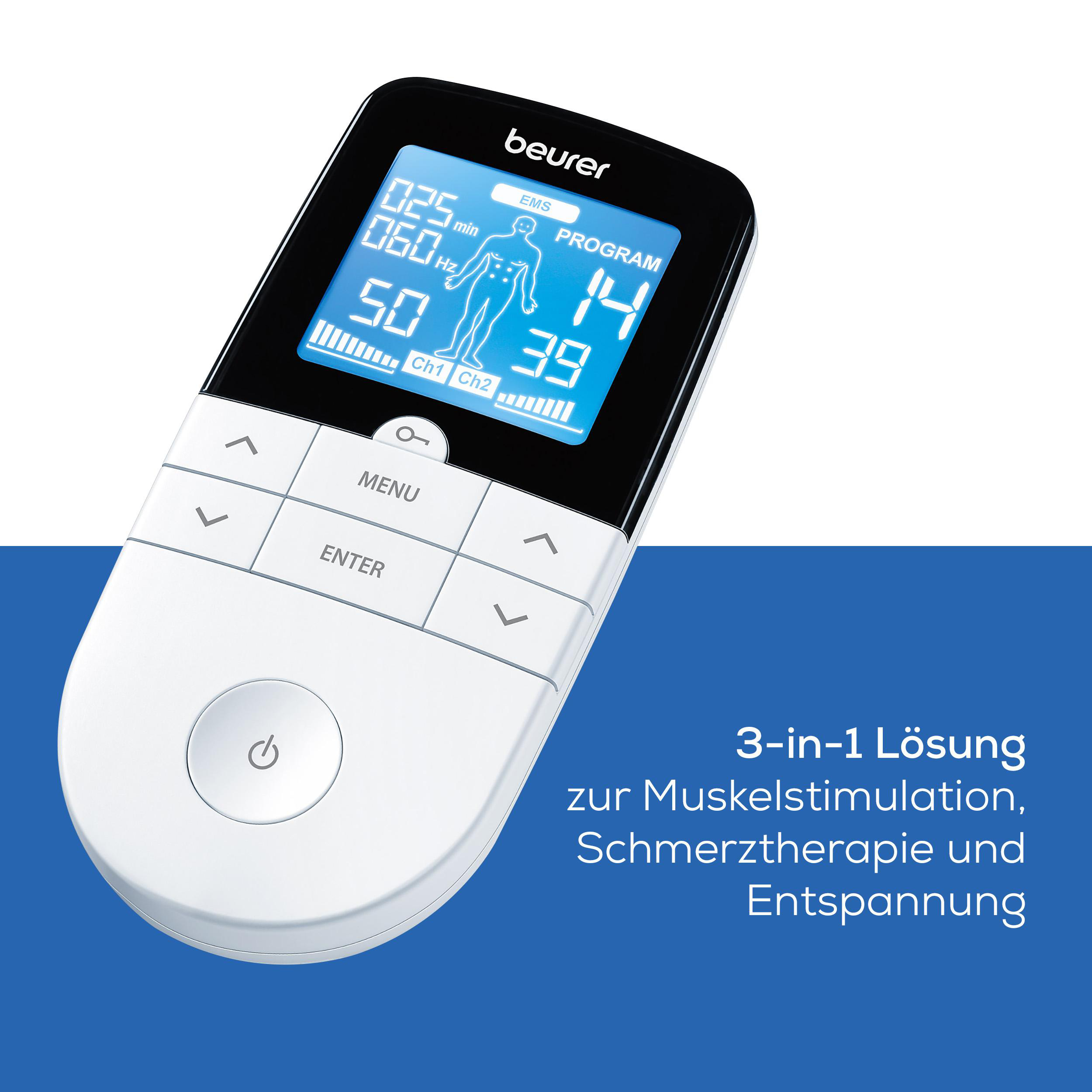 Ein weißes elektronisches Gerät mit Bildschirm und Knöpfen für EMS und Schmerztherapie, mit Text.
