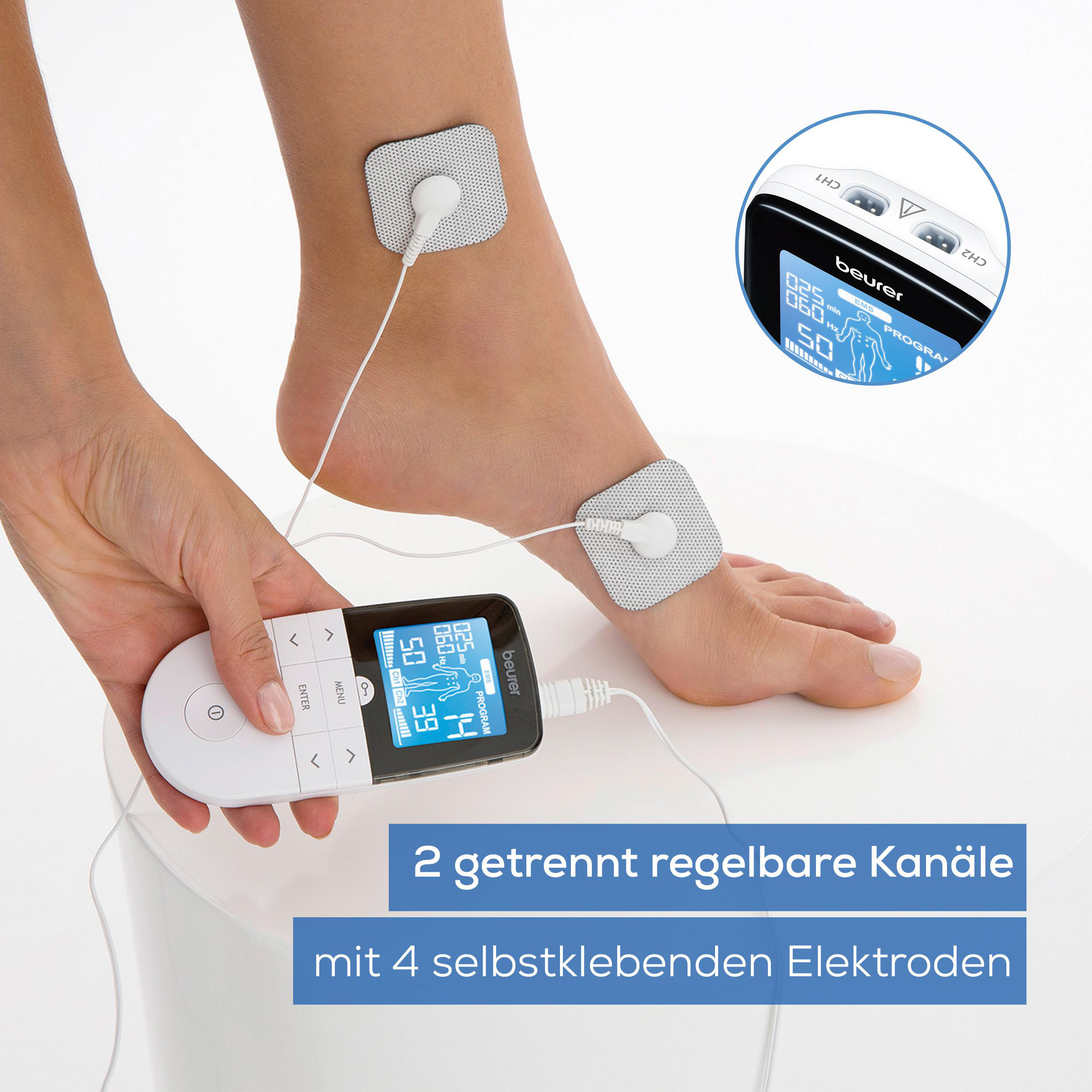 Fuß mit Elektroden, die mit einem Gerät verbunden sind, das von Hand gehalten wird. Text: 2 getrennte Kanäle.