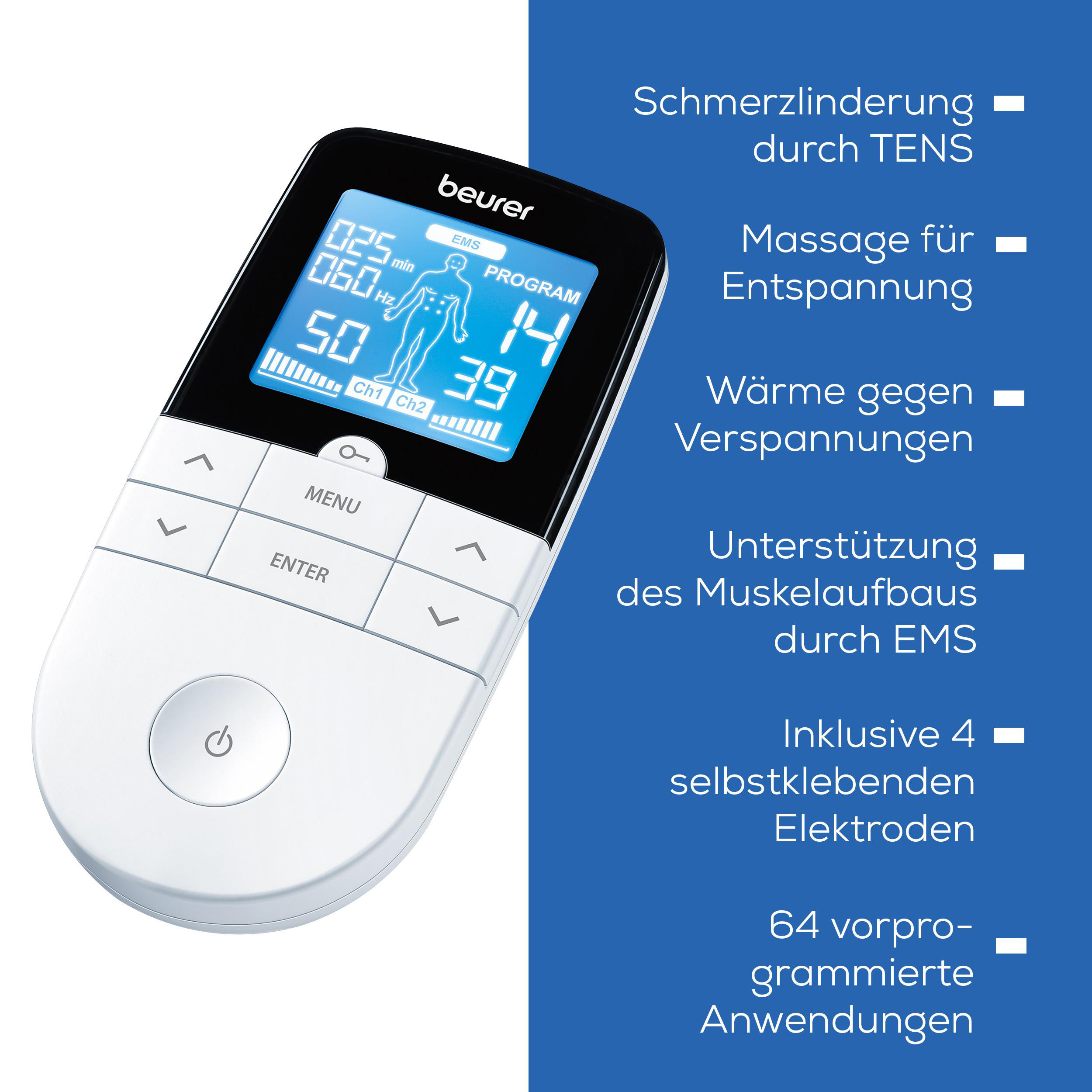 Weißes und graues Gerät mit Knöpfen, das Text über Schmerzlinderung anzeigt.