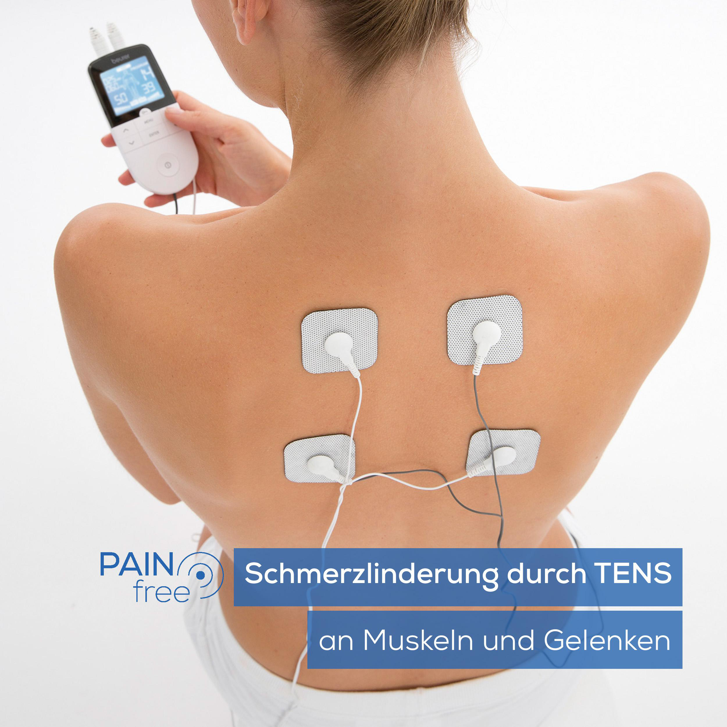 Rücken einer Frau mit Elektroden. Gerät mit Text: Pain free und deutscher Text.
