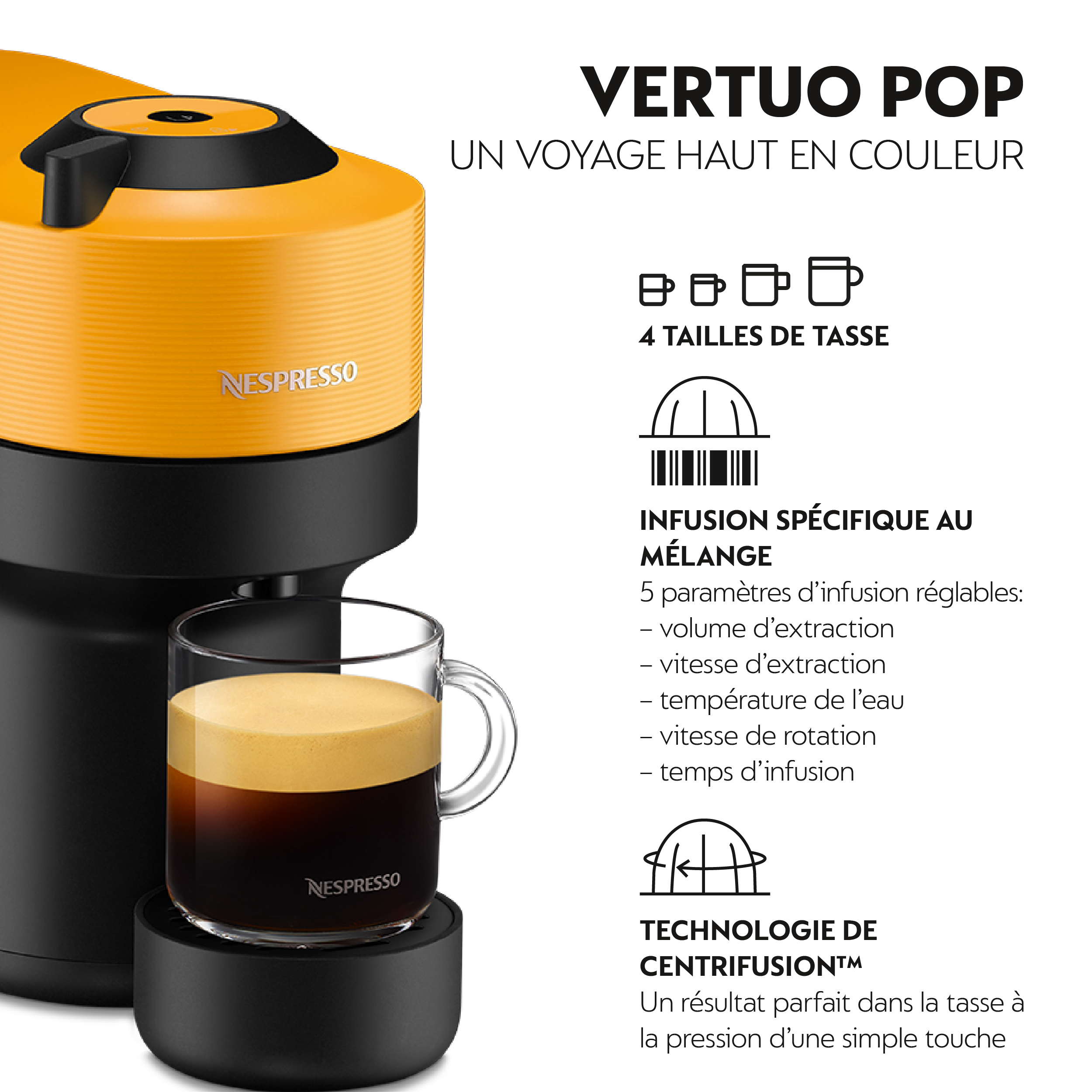 Une machine à café Nespresso jaune et noire avec une tasse de café.