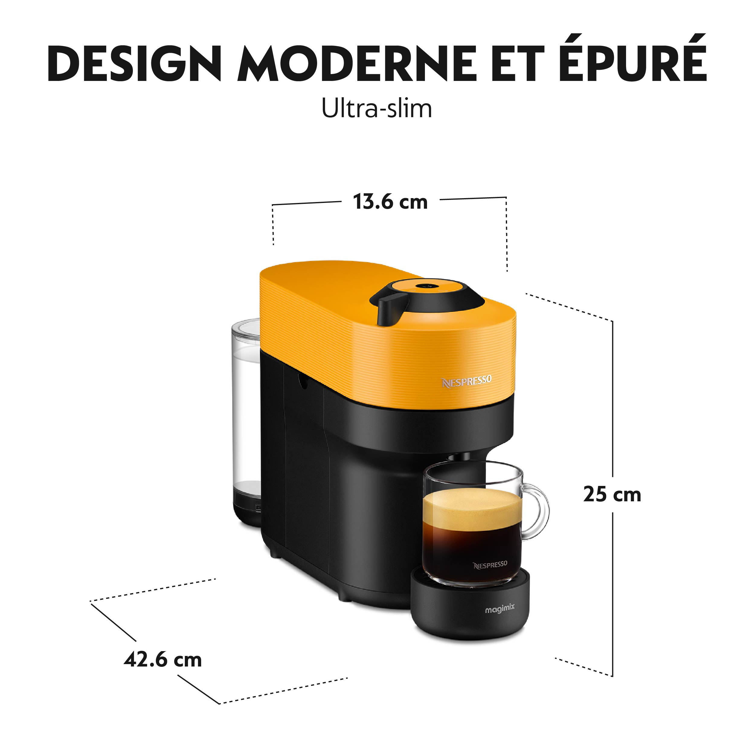Machine à café avec dessus orange, base noire et verre de café. Dimensions en cm.