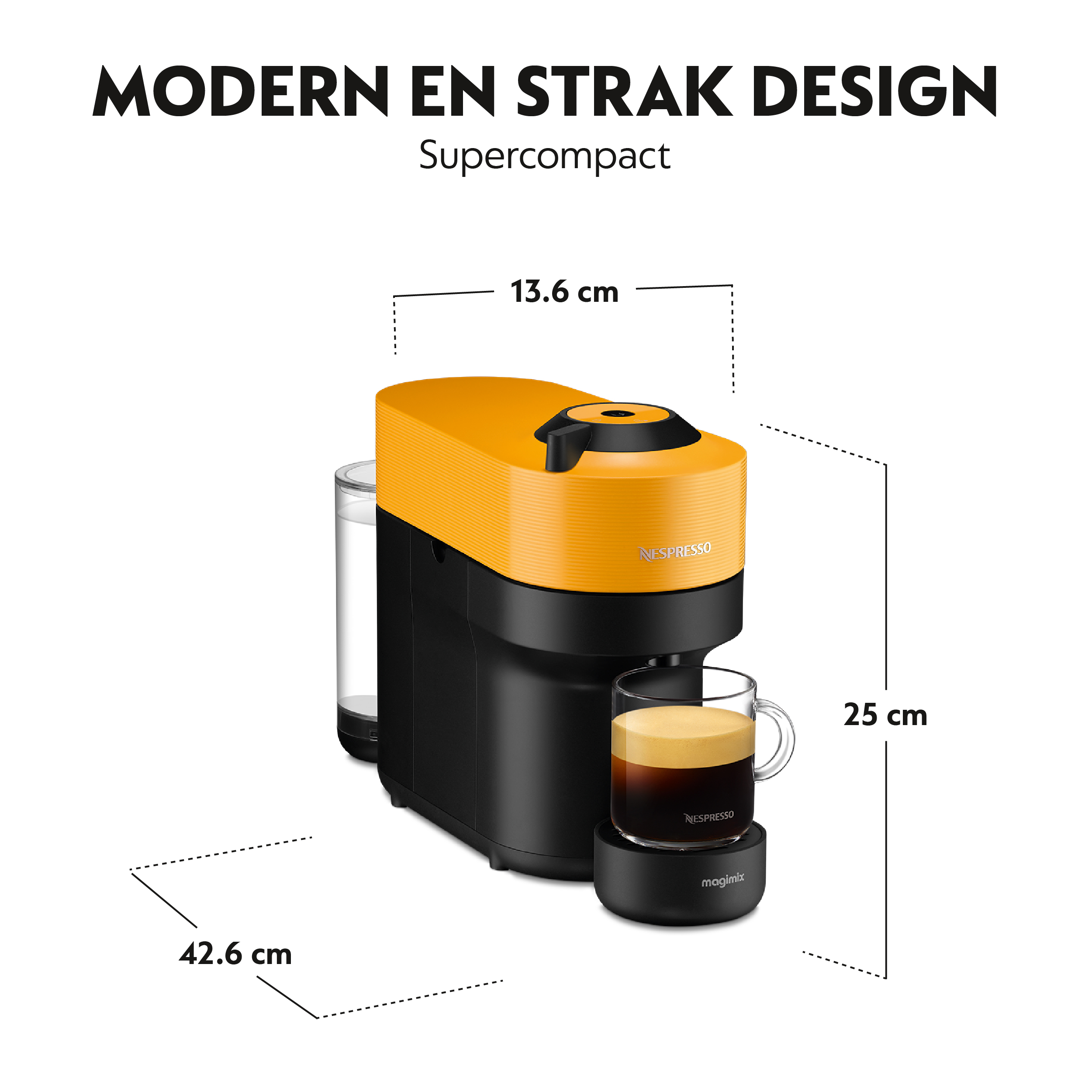 Coffee machine: Yellow top, black body, glass cup with coffee, dimensions in cm, on a white background.