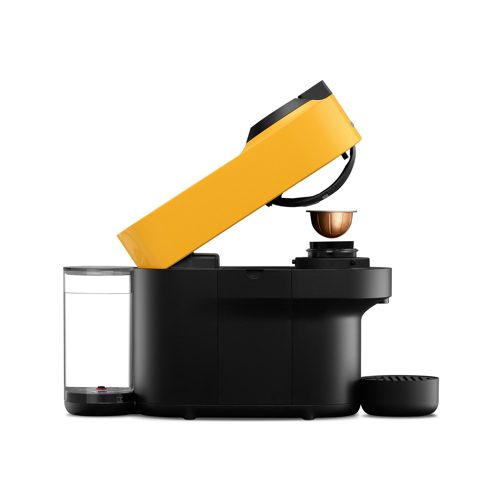 A yellow and black coffee machine with a capsule in place. The top is open, and a cup is ready.