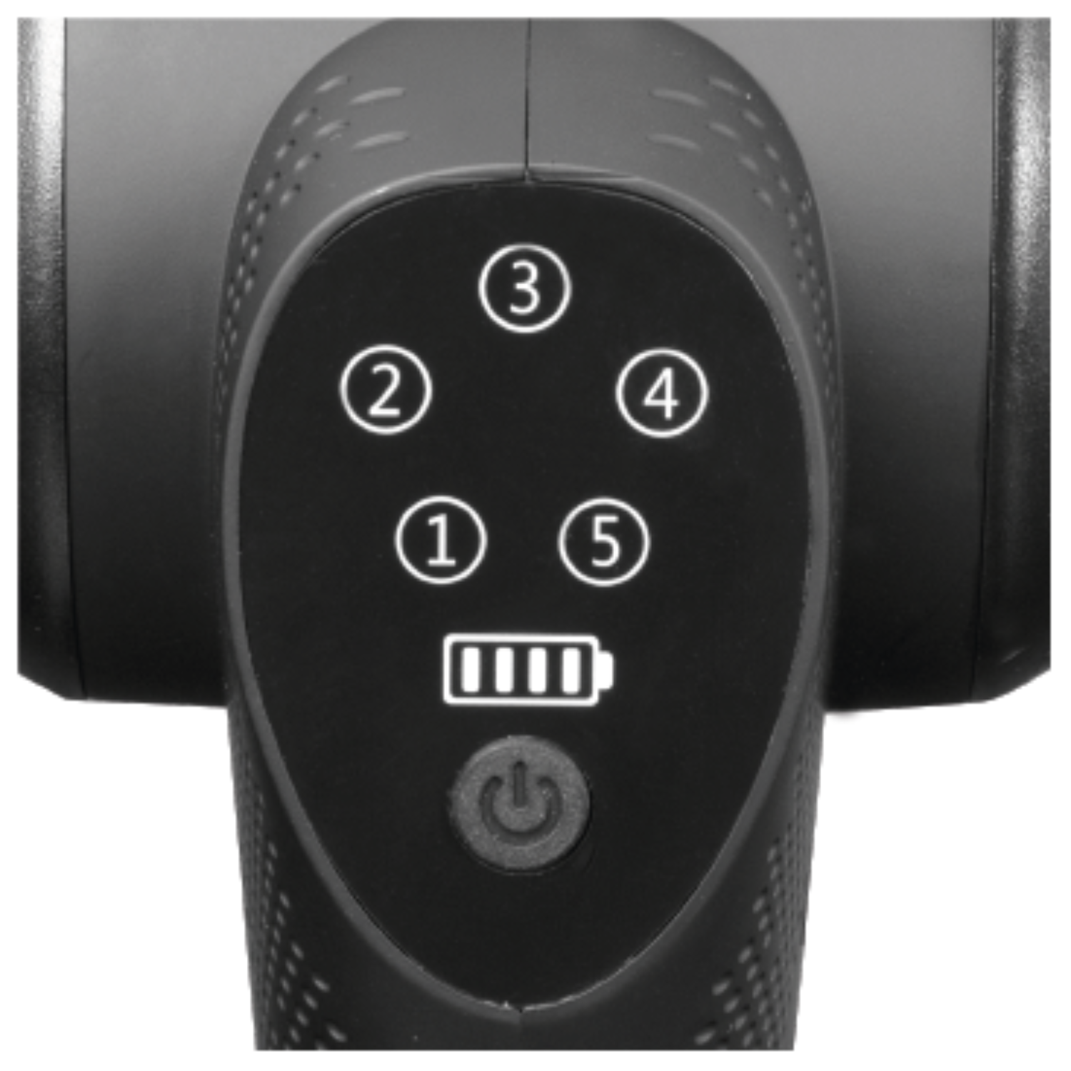 Close-up van het bedieningspaneel van een zwart massagepistool met vijf genummerde knoppen en een batterijpictogram.
