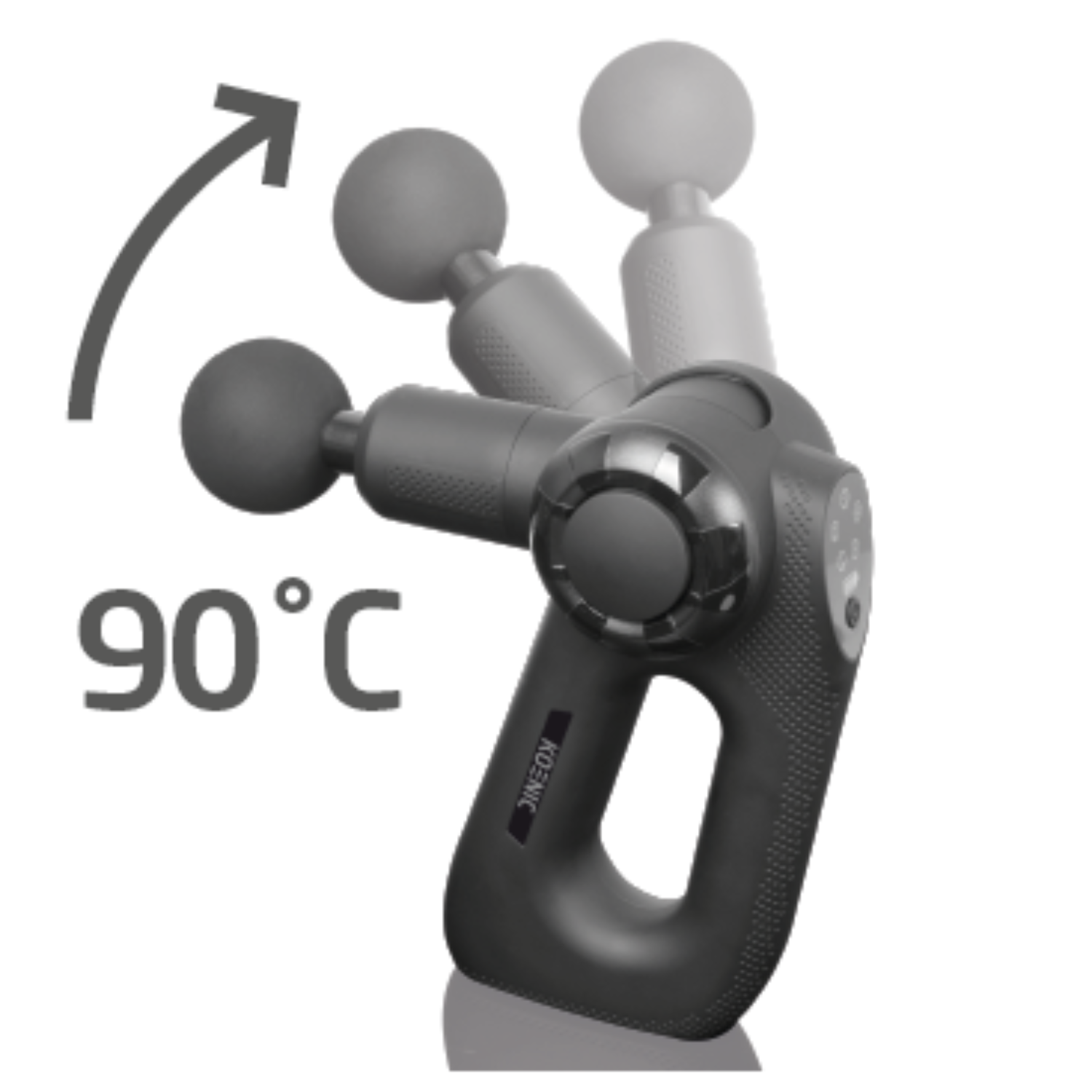 Massagepistool in beweging. Het is grijs, met zwarte grip. De rotatiehoek is 90 graden.