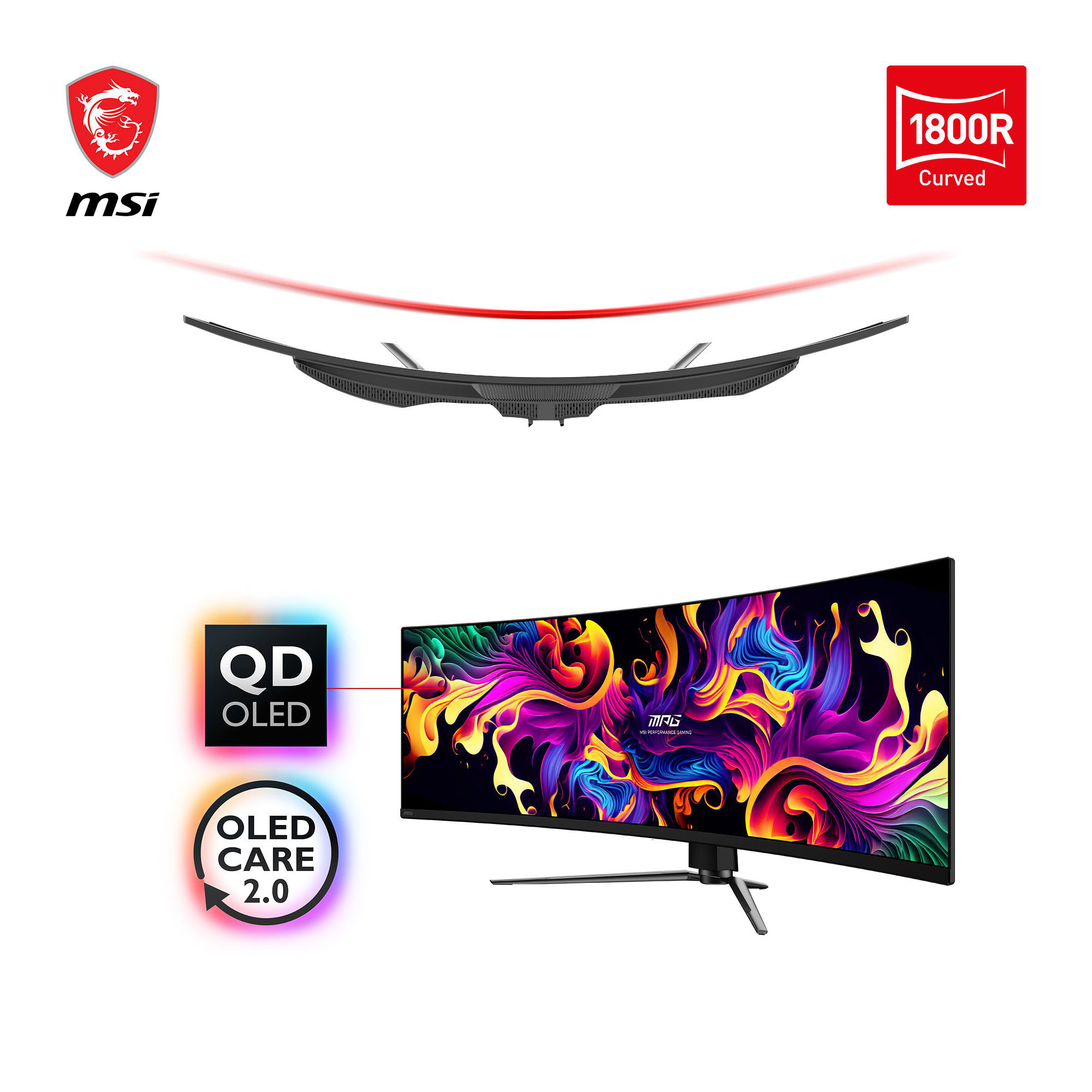 Gebogener Computermonitor mit MSI-Branding und QD-OLED-Technologie.