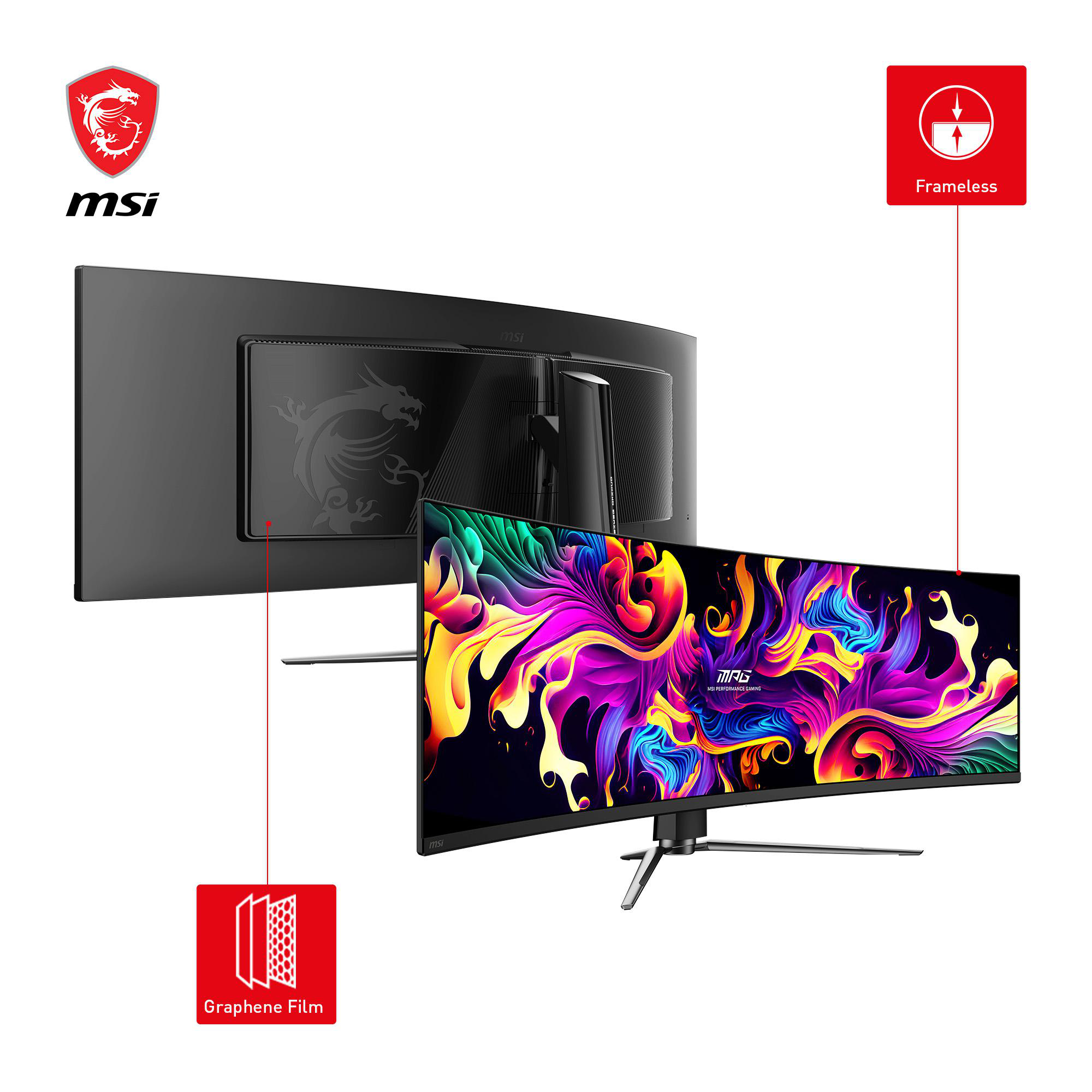 MSI-Curved-Monitor, Rück- und Vorderansicht, mit farbenfroher Anzeige.