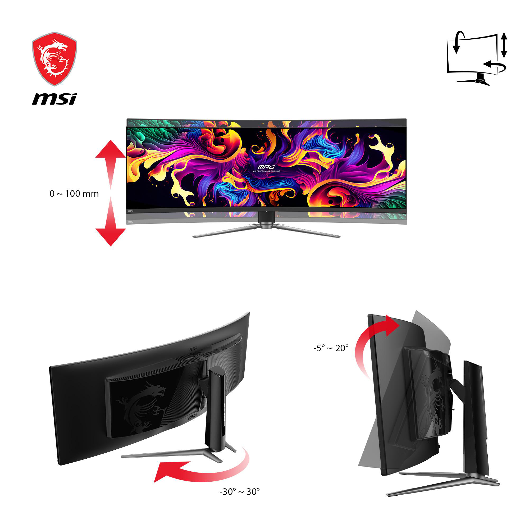 MSI-Monitor-Setup mit verschiedenen Winkeln und Einstellmöglichkeiten, zeigt das Display.