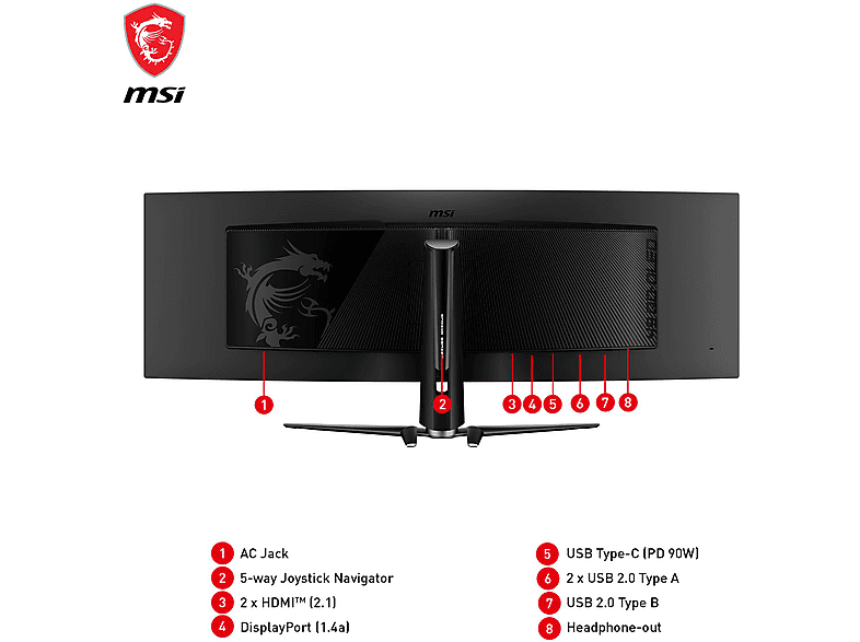 MSI MPG 491CQPDE QD-OLED Curved Gaming Monitor, 49 Zoll, DQHD, 144Hz, 0.3ms (GTG), 32:9, 250cd, 10 Bit, Schwarz 49 Zoll Gaming Monitor, DQHD, 0,03 ms Reaktionszeit, 250 cd/m², 144 Hz, Schwarz — Foto 5 von 5