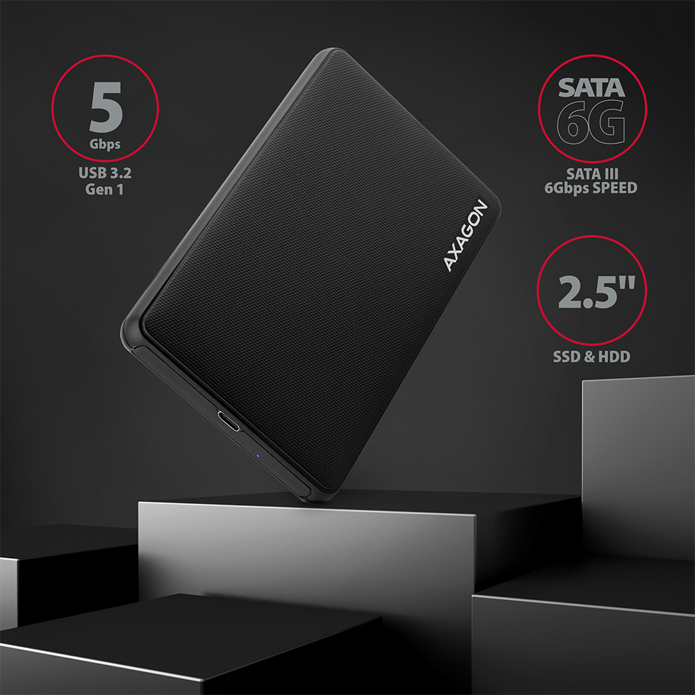 Fekete Axagon külső merevlemez felirattal, 5 Gbps, USB 3.2 Gen 1 és SATA 6G.