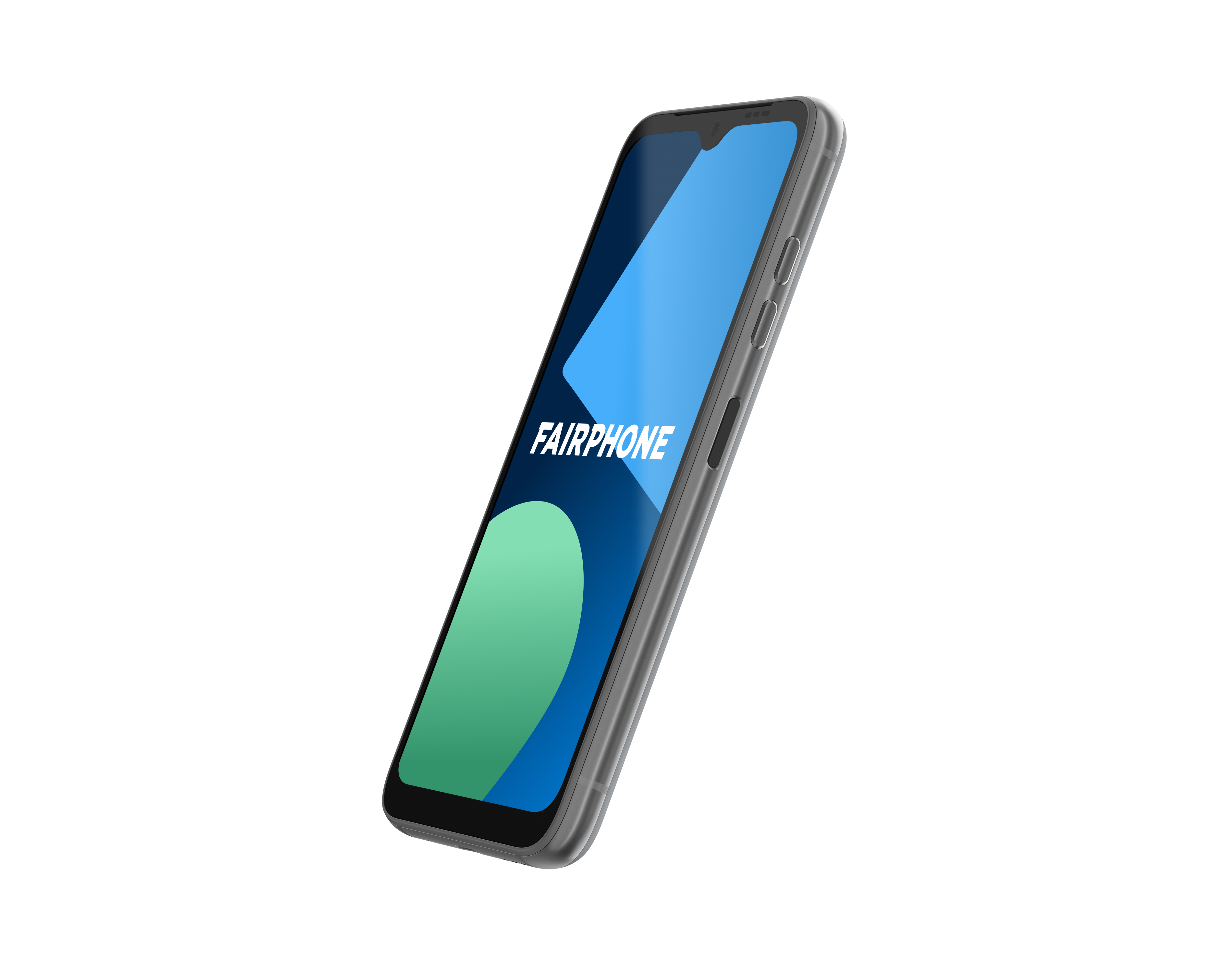 Ein Fairphone-Smartphone auf schwarzem Hintergrund. Der Bildschirm zeigt ein blaues und grünes Muster.