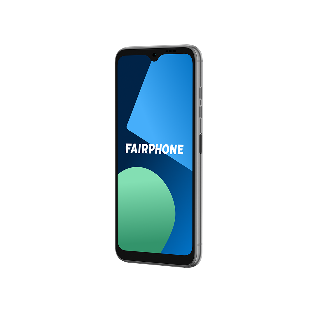 Fairphone-Smartphone mit blauem und grünem Bildschirm auf schwarzem Hintergrund.