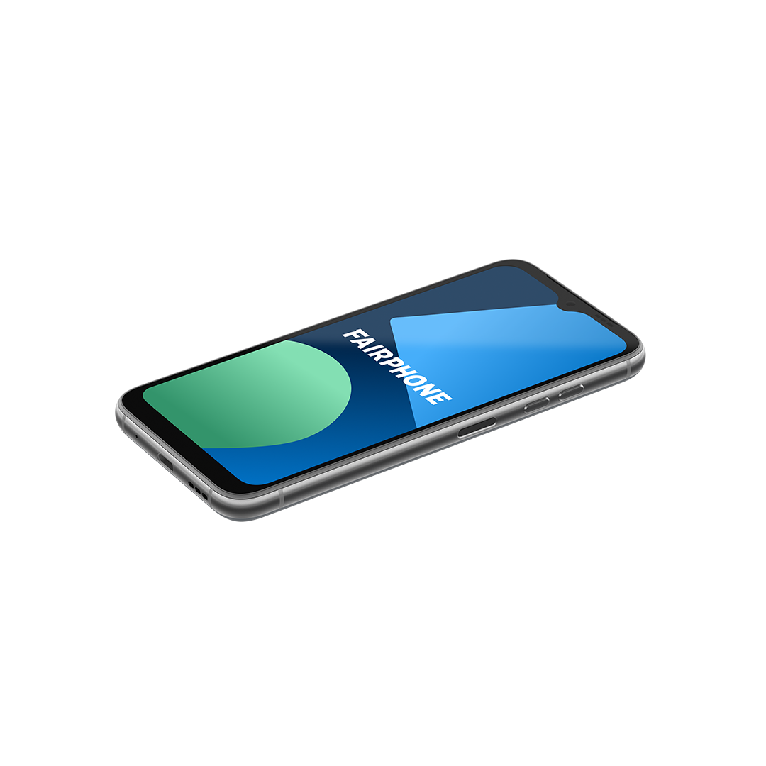 Ein Smartphone, Fairphone, mit blauem und grünem Bildschirm vor schwarzem Hintergrund.