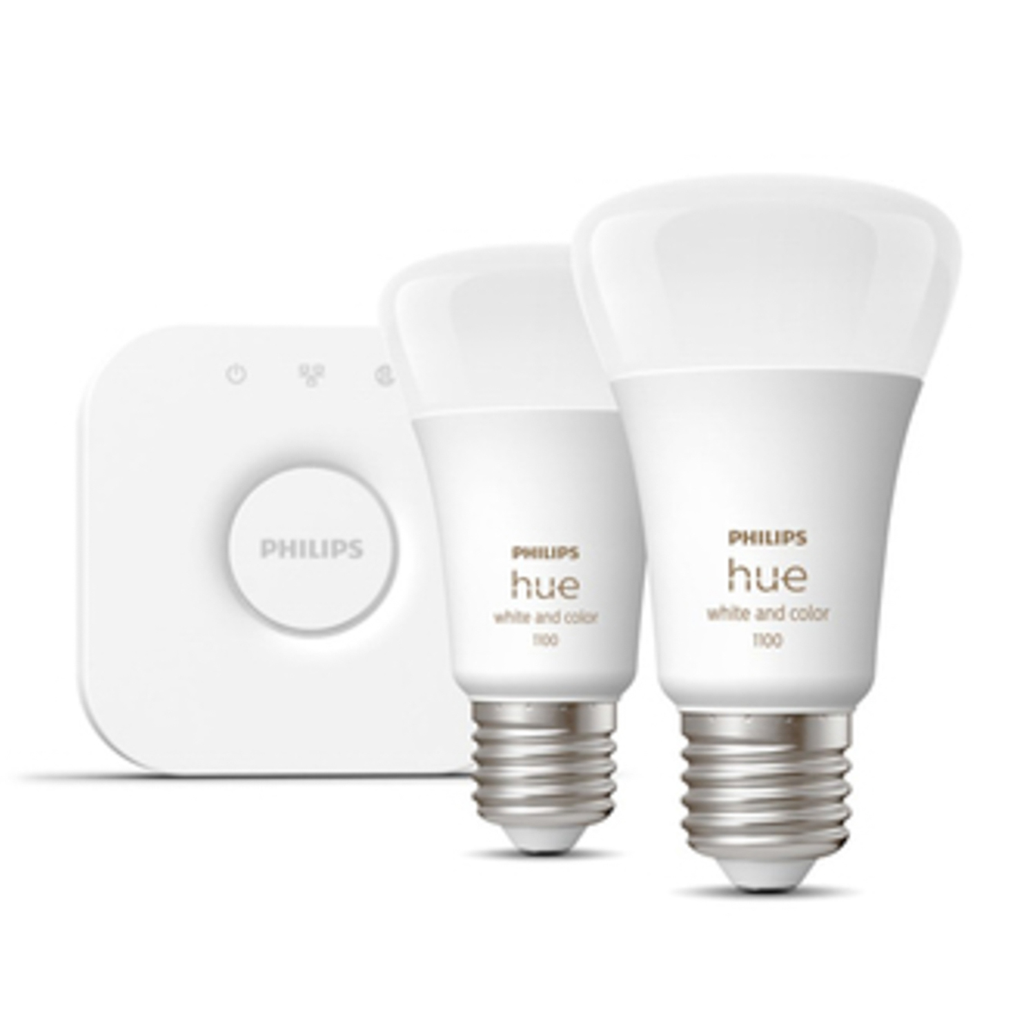 Un bridge Philips Hue bianco e due lampadine Philips Hue bianche.