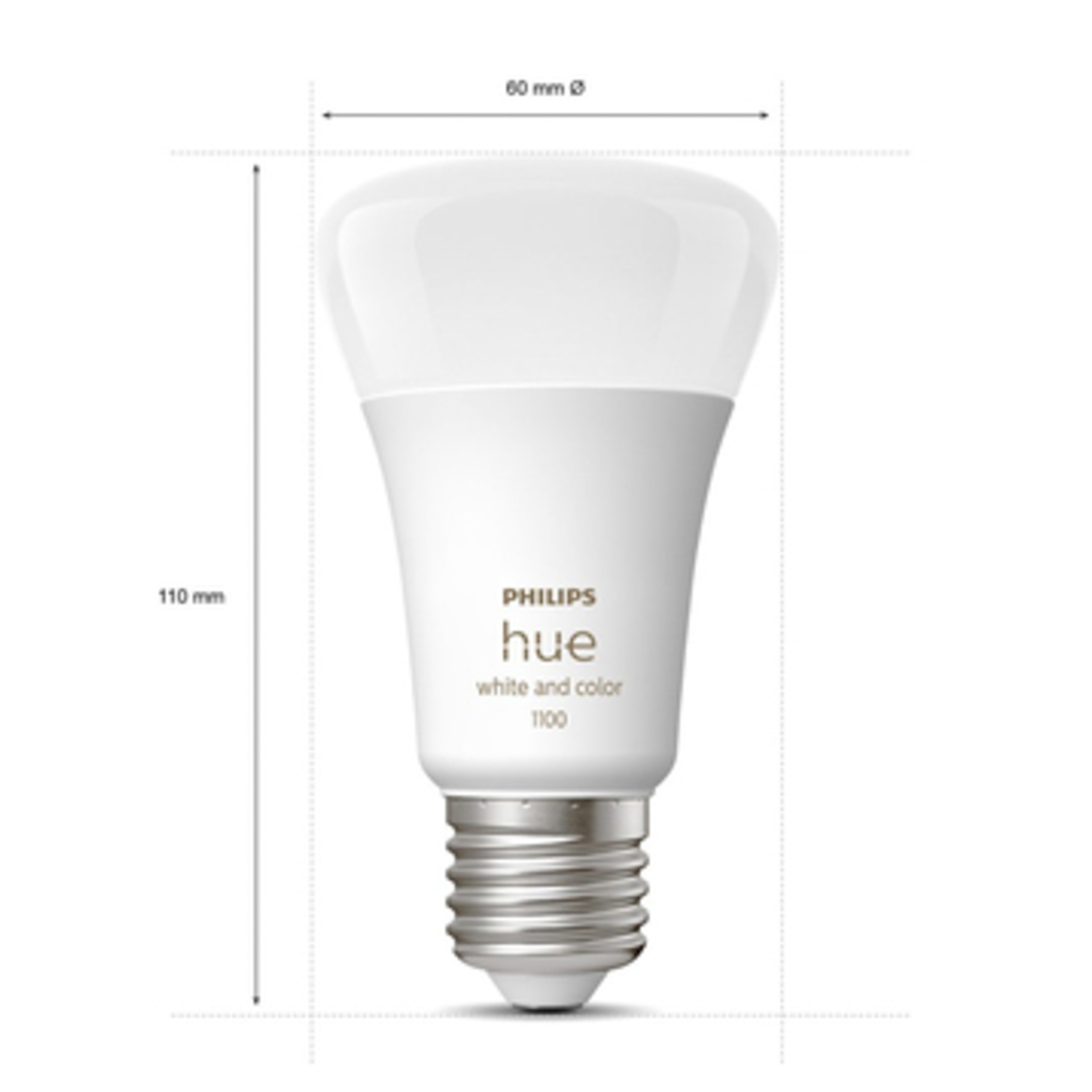 Lampadina intelligente Philips Hue bianca. Dimensioni: 110 mm altezza, 60 mm diametro.