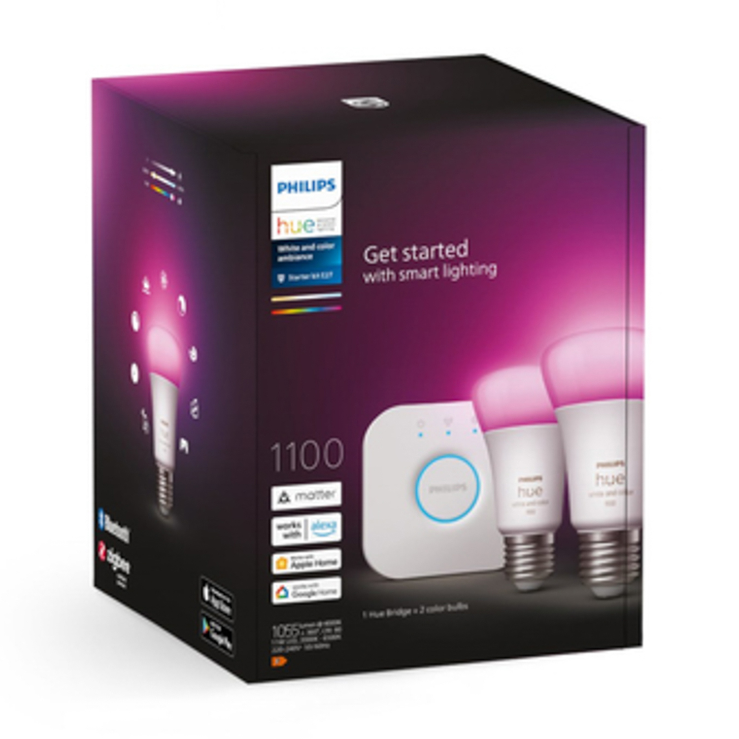 Scatola illuminazione intelligente Philips Hue. Mostra un bridge e due lampadine colorate. Tonalità viola e rosa.