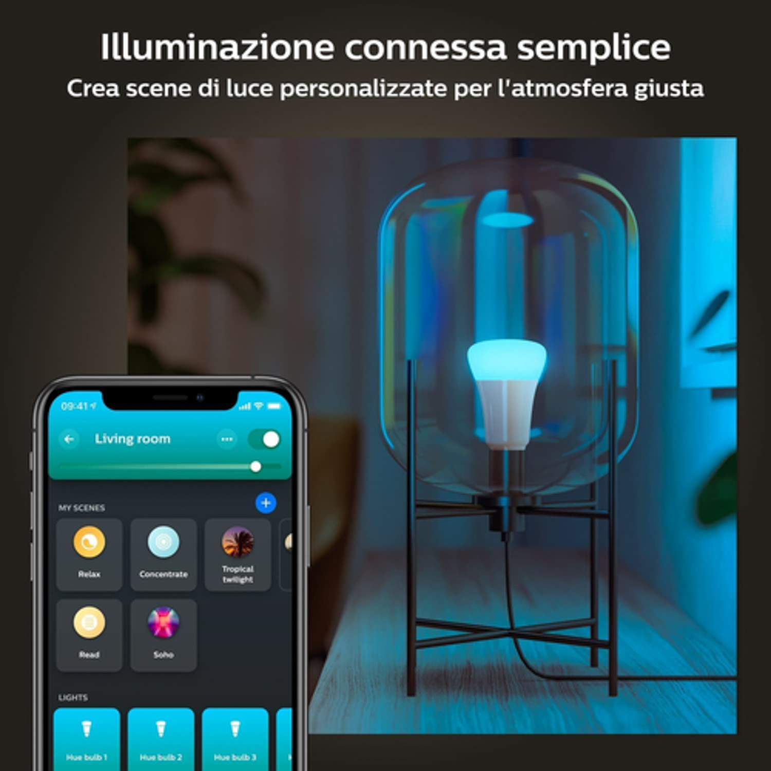 Schermo di smartphone che mostra un'app per casa intelligente che controlla una lampada blu.