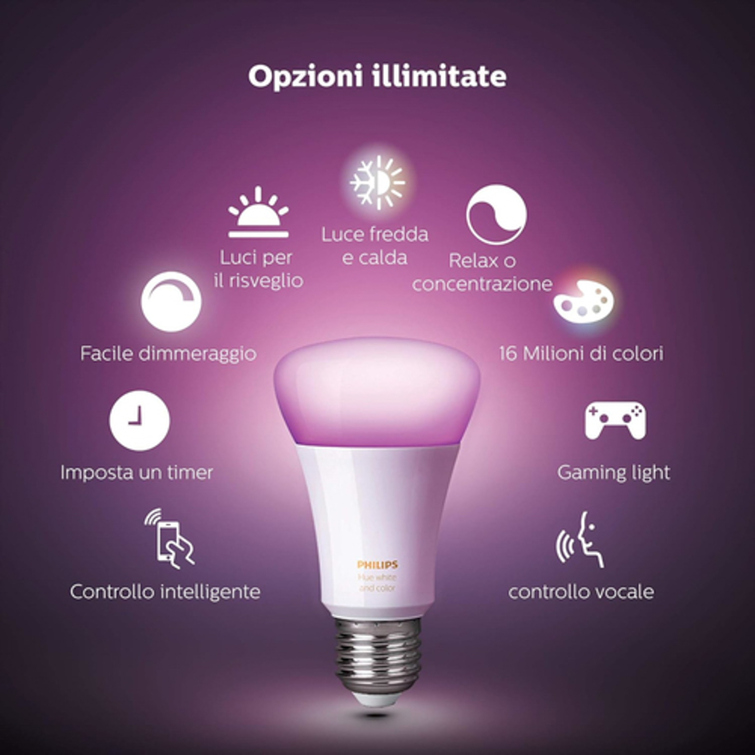 Una lampadina intelligente Philips con le sue opzioni intorno, in una pubblicità. Sfondo viola.
