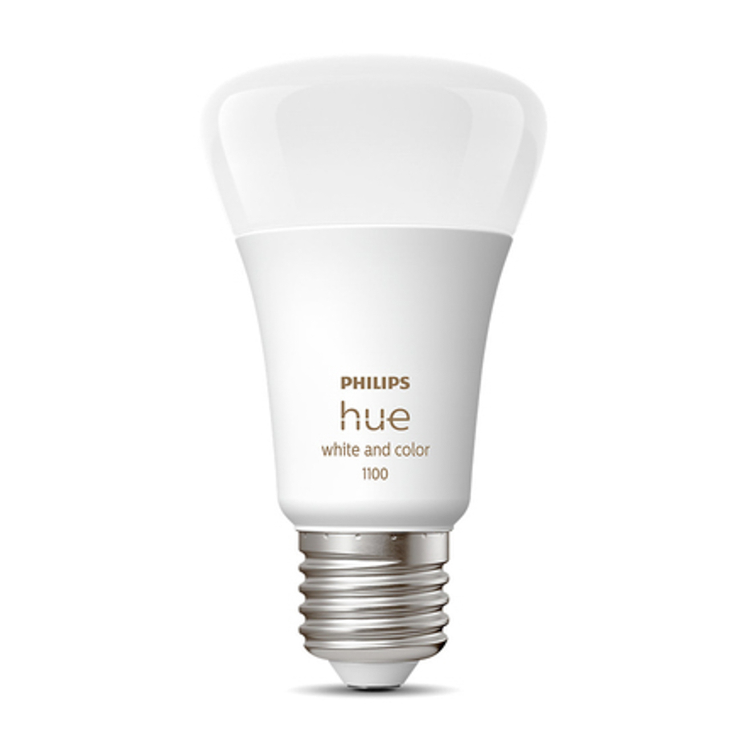 Una lampadina intelligente Philips Hue bianca e grigia, con il marchio e '1100' visibili.