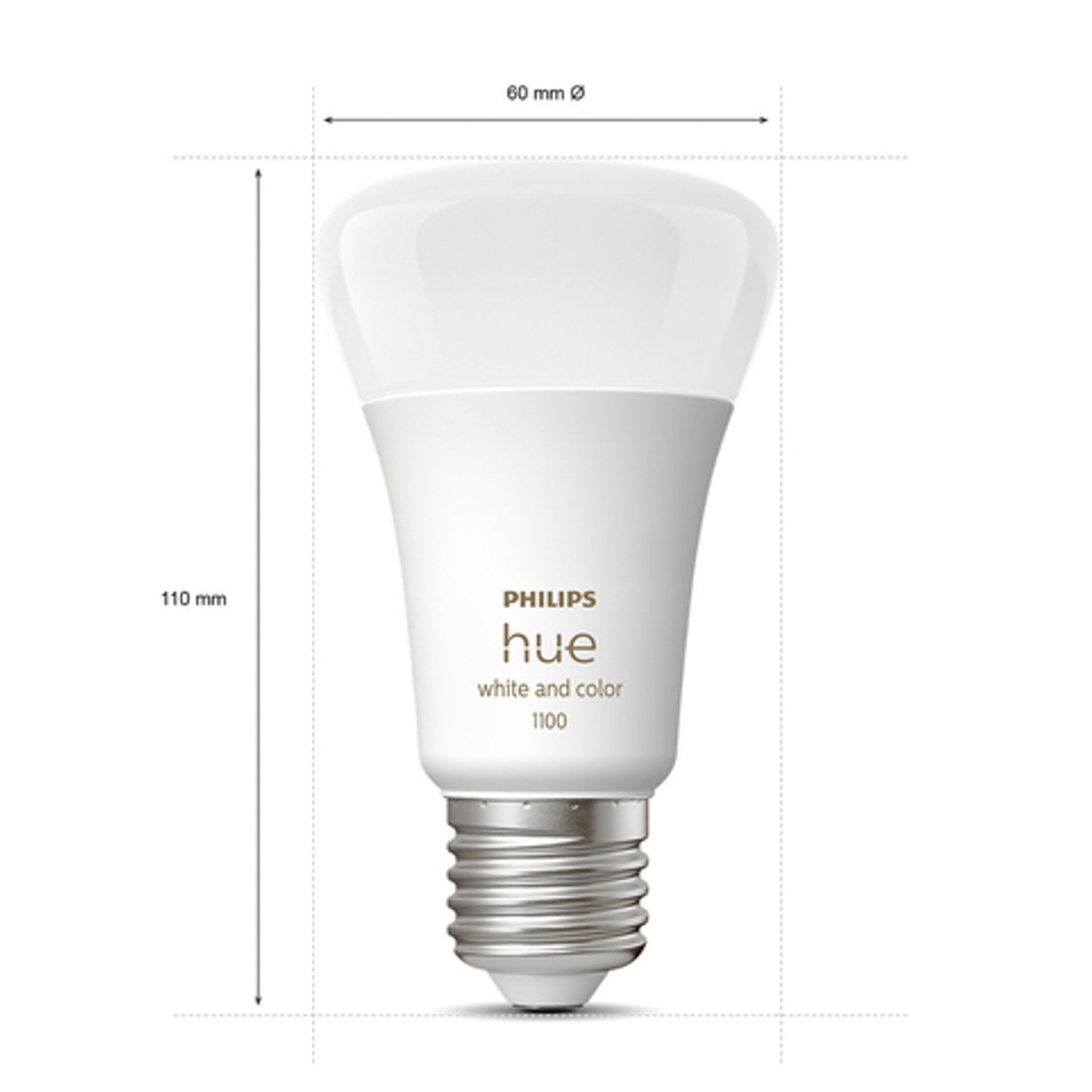 Una lampadina intelligente Philips Hue con dimensioni.