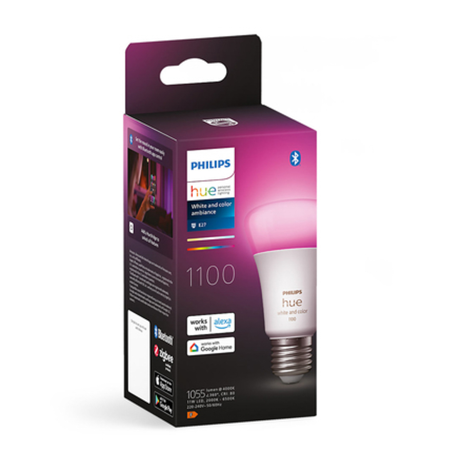 Una scatola di lampadina intelligente Philips Hue con la lampadina illuminata in rosa.