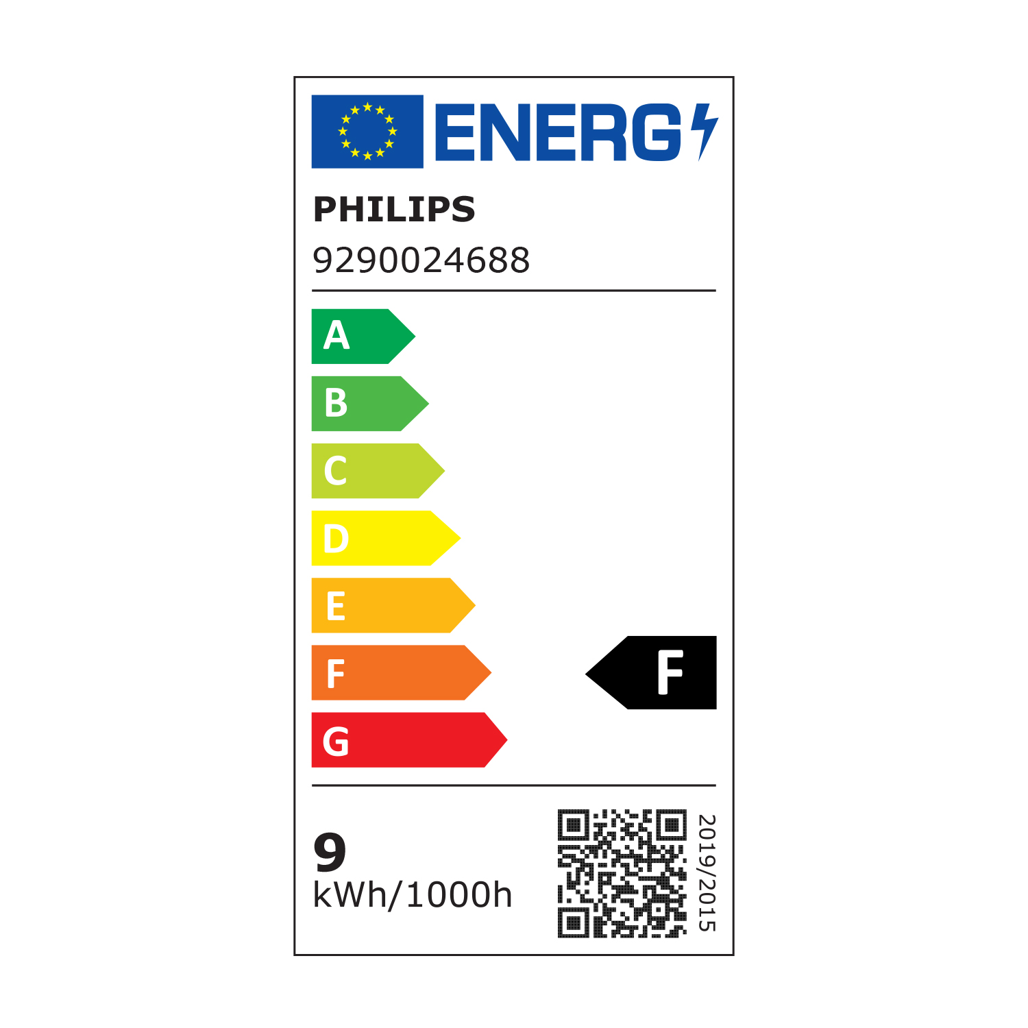 Etichetta energetica per una lampadina Philips. Classe F. Mostra il consumo energetico di 9 kWh/1000h.