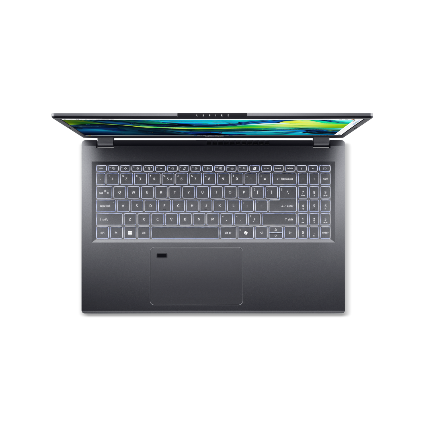 Bovenaanzicht van een laptop met een verlicht toetsenbord.