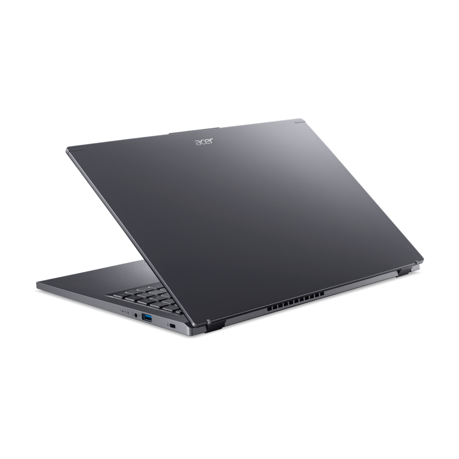Een donkergrijze laptop, schuin geopend, met het toetsenbord zichtbaar.