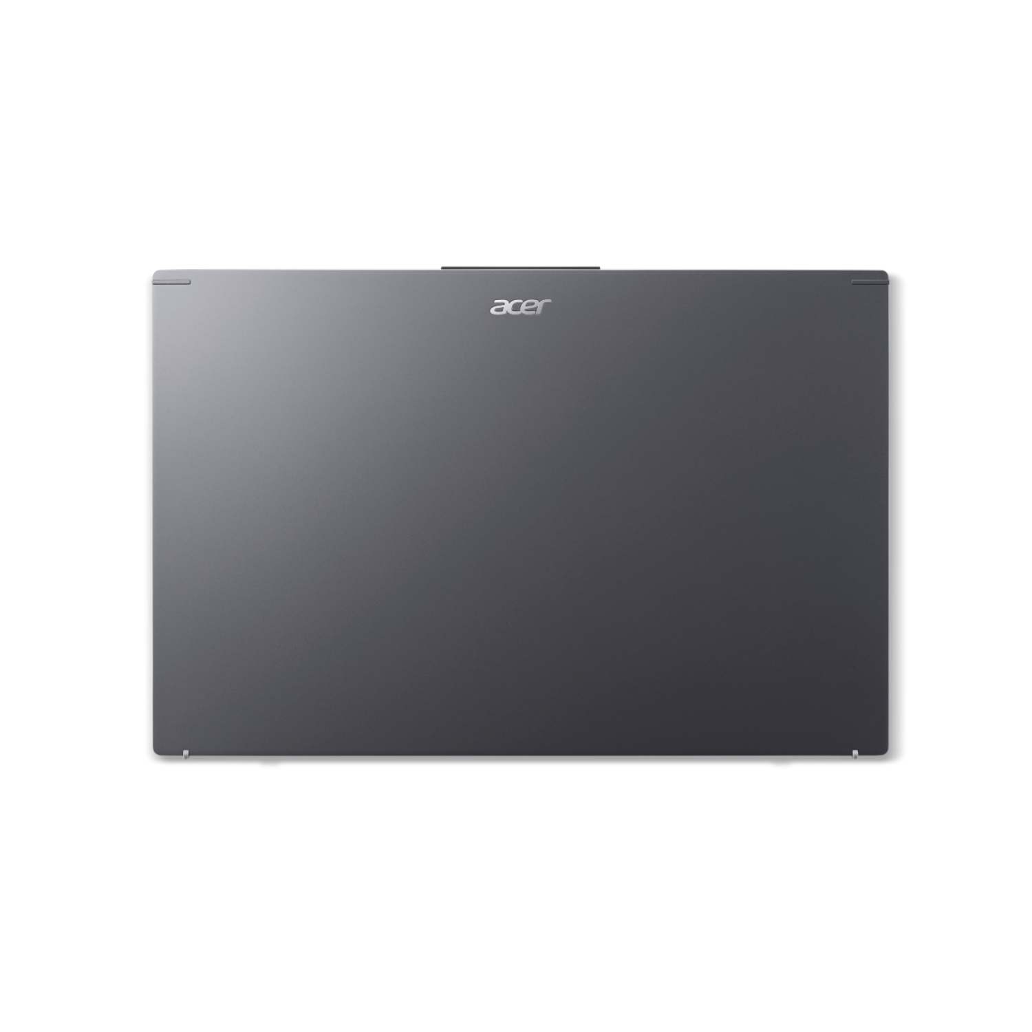 Een grijze laptop met het Acer logo op een zwarte achtergrond.
