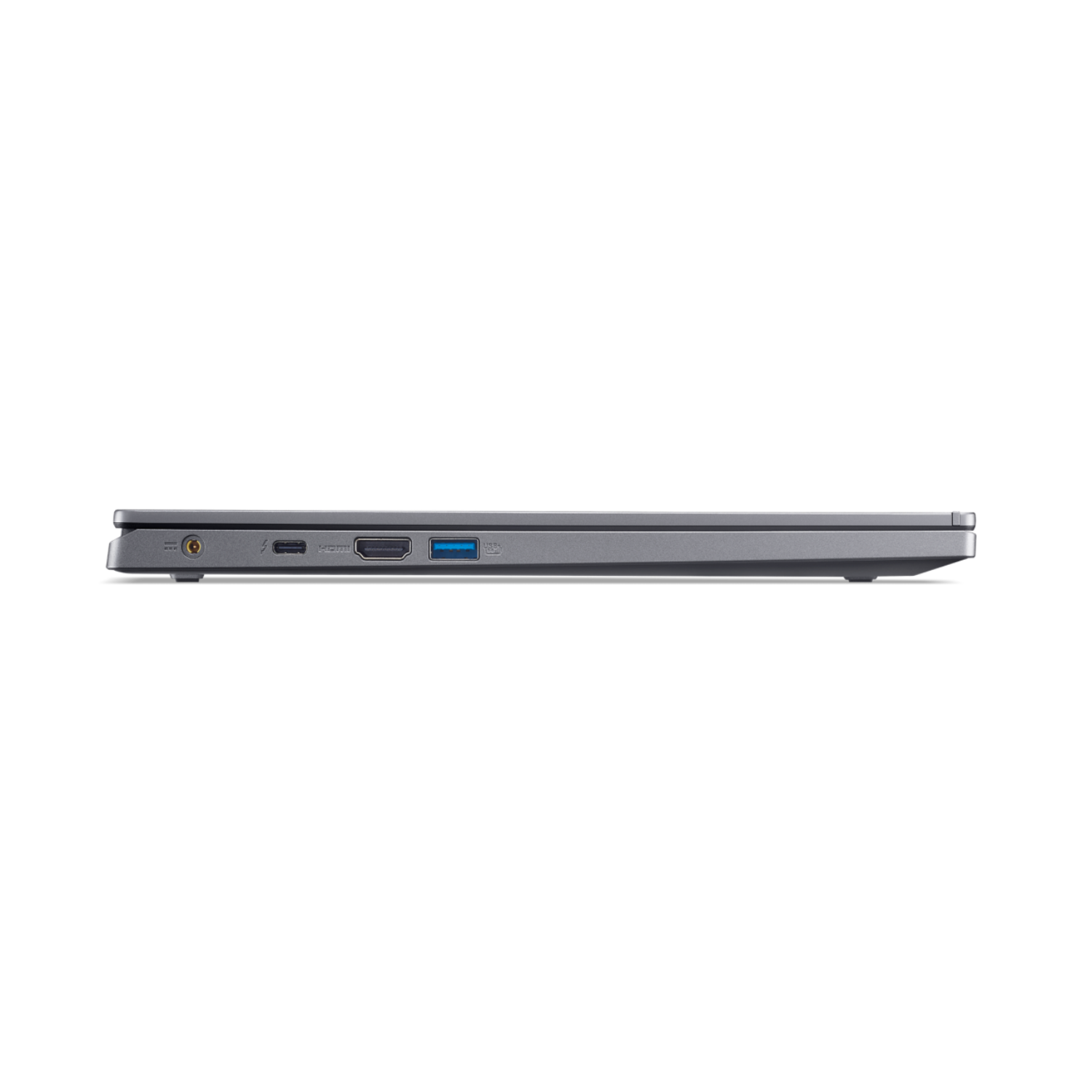 Zilveren laptop zijaanzicht, met poorten op zwarte achtergrond.