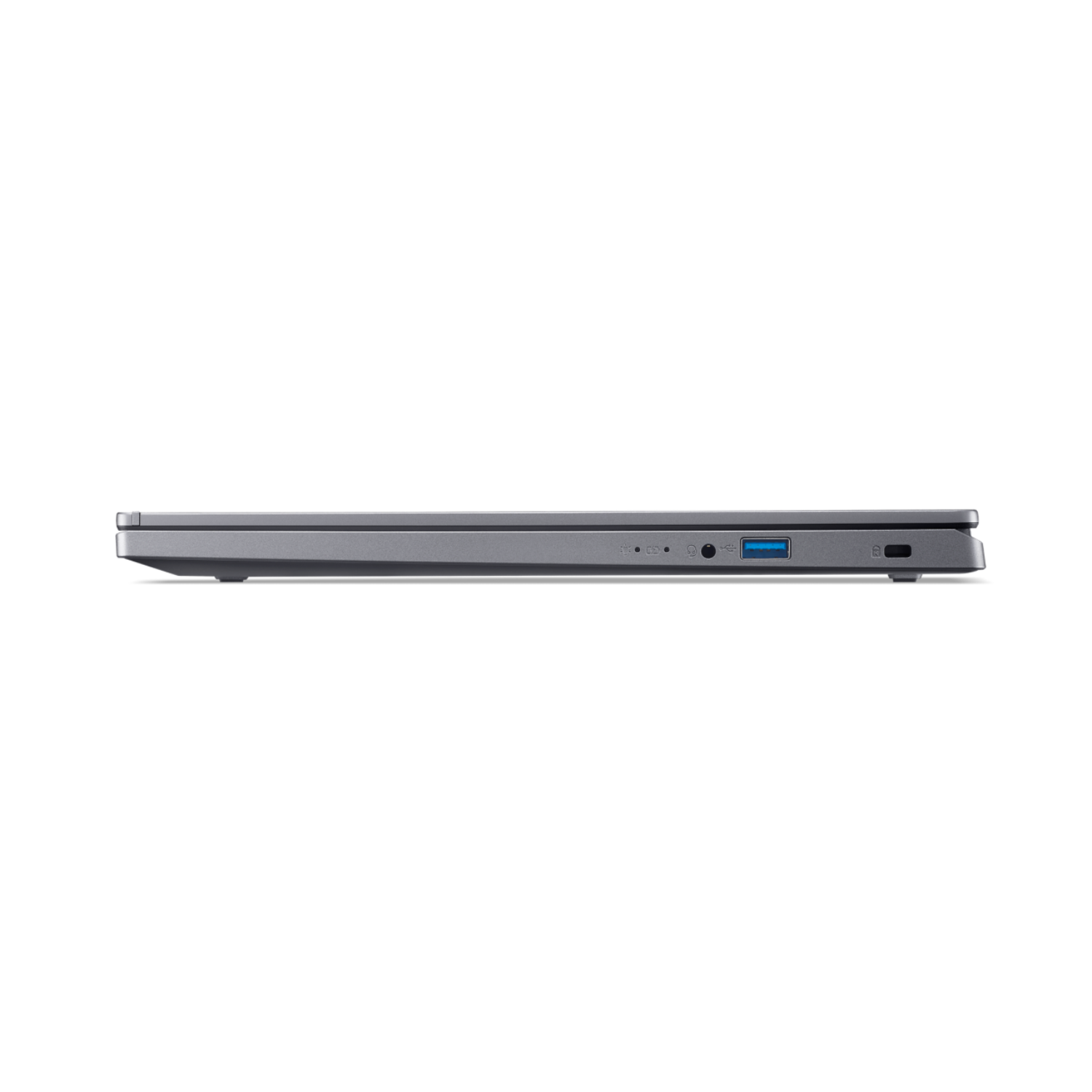 Zijaanzicht van een laptop tegen een zwarte achtergrond, met poorten aan de zijkant.
