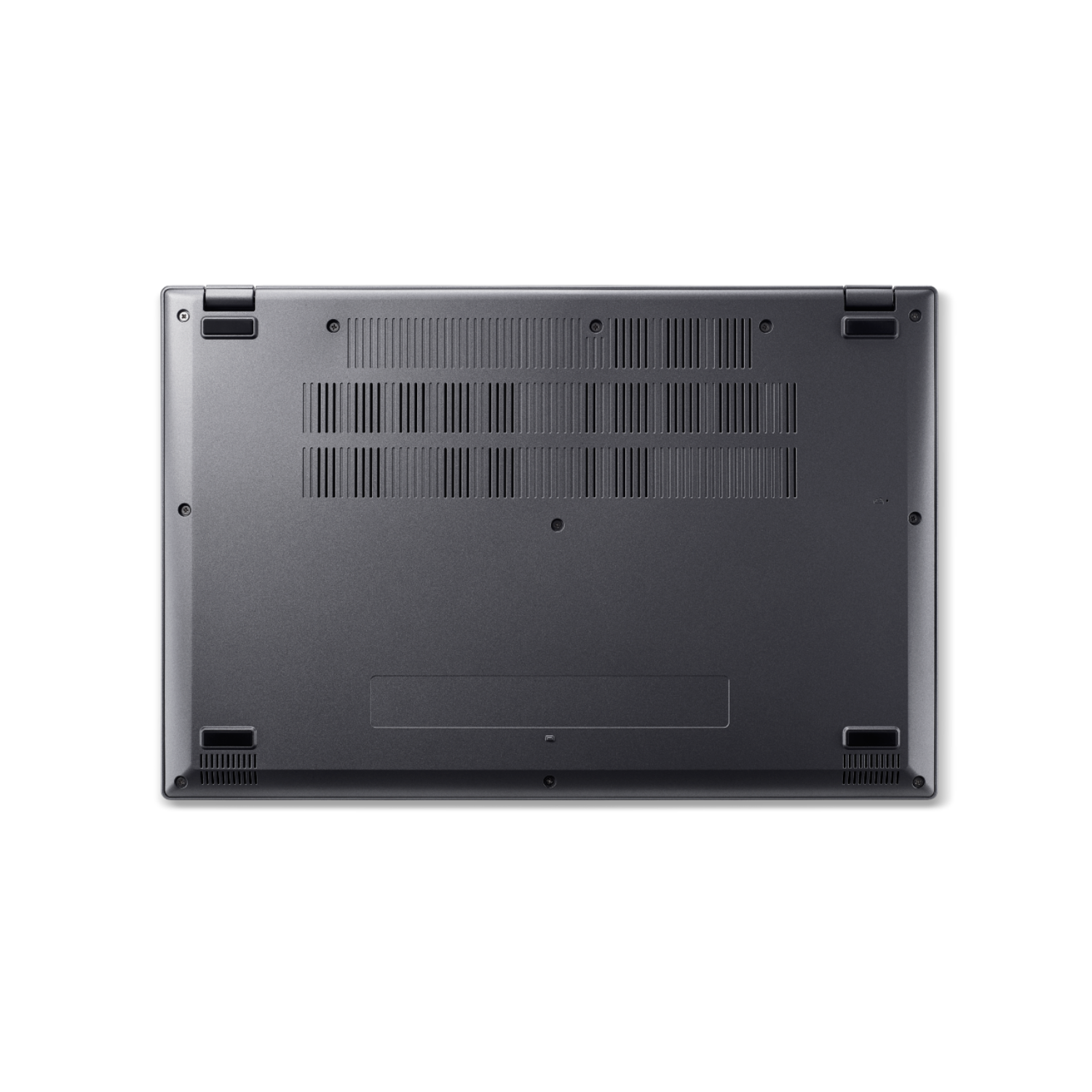 Onderkant van een laptop op een zwarte achtergrond, met ventilatieopeningen en schroeven.