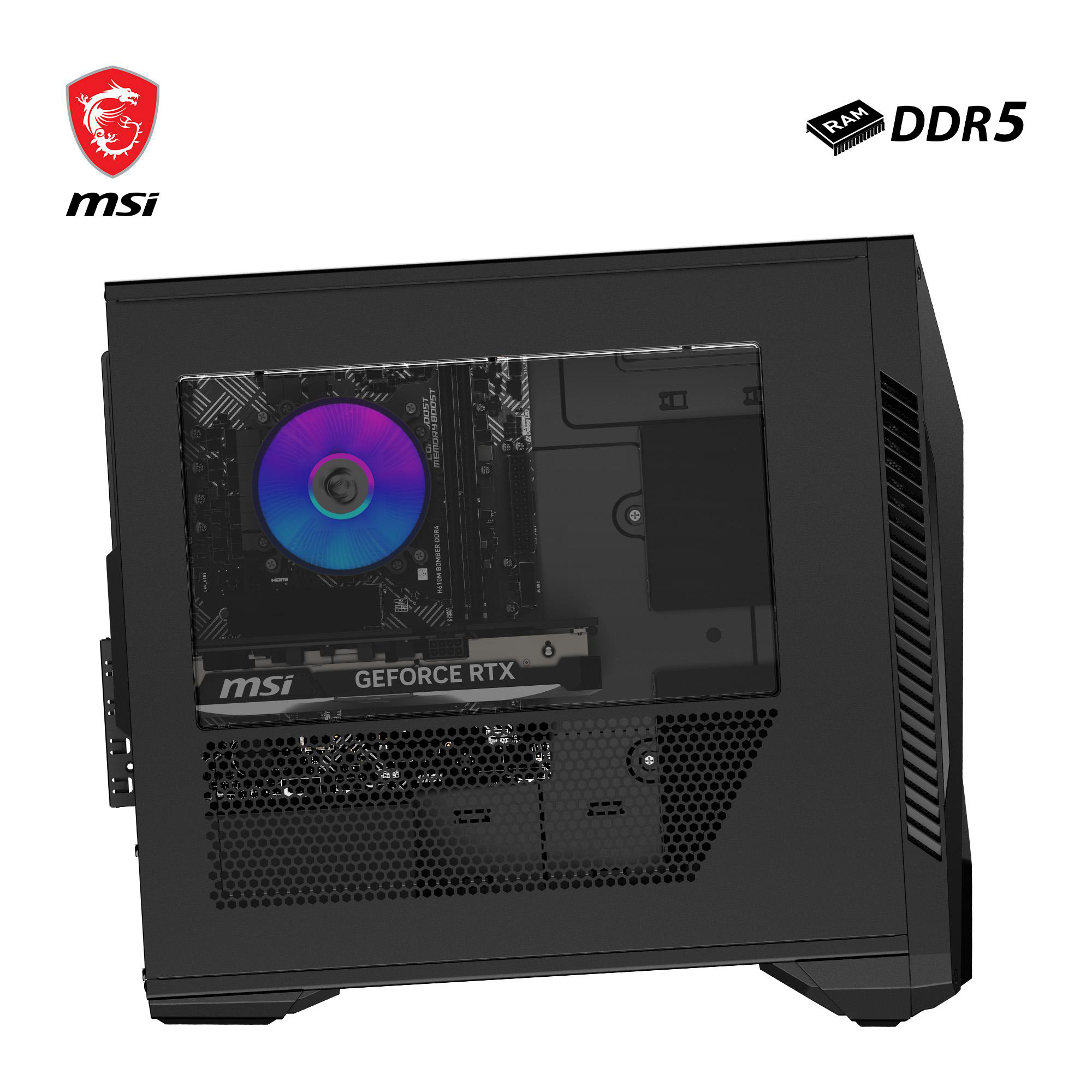 MSI Gaming-PC-Gehäuse, transparente Seitenwand mit Komponenten. Schwarzes Gehäuse, MSI-Logo, DDR5 RAM.