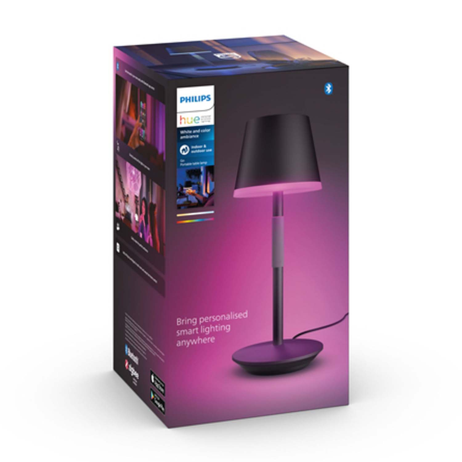 Lampada Philips Hue in una scatola. La lampada è nera e ha un bagliore viola.