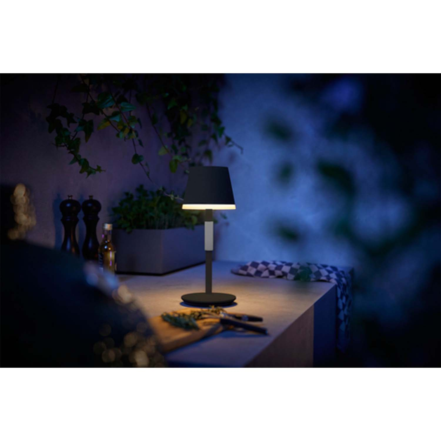 Una lampada illumina un tavolo in un ambiente esterno di notte.