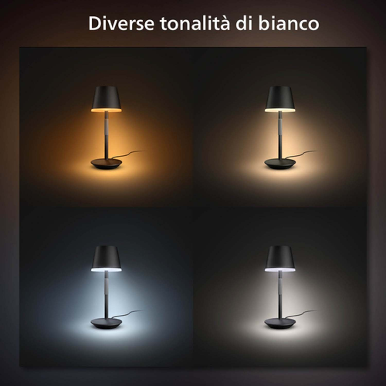 Quattro lampade che mostrano variazioni di luce bianca.